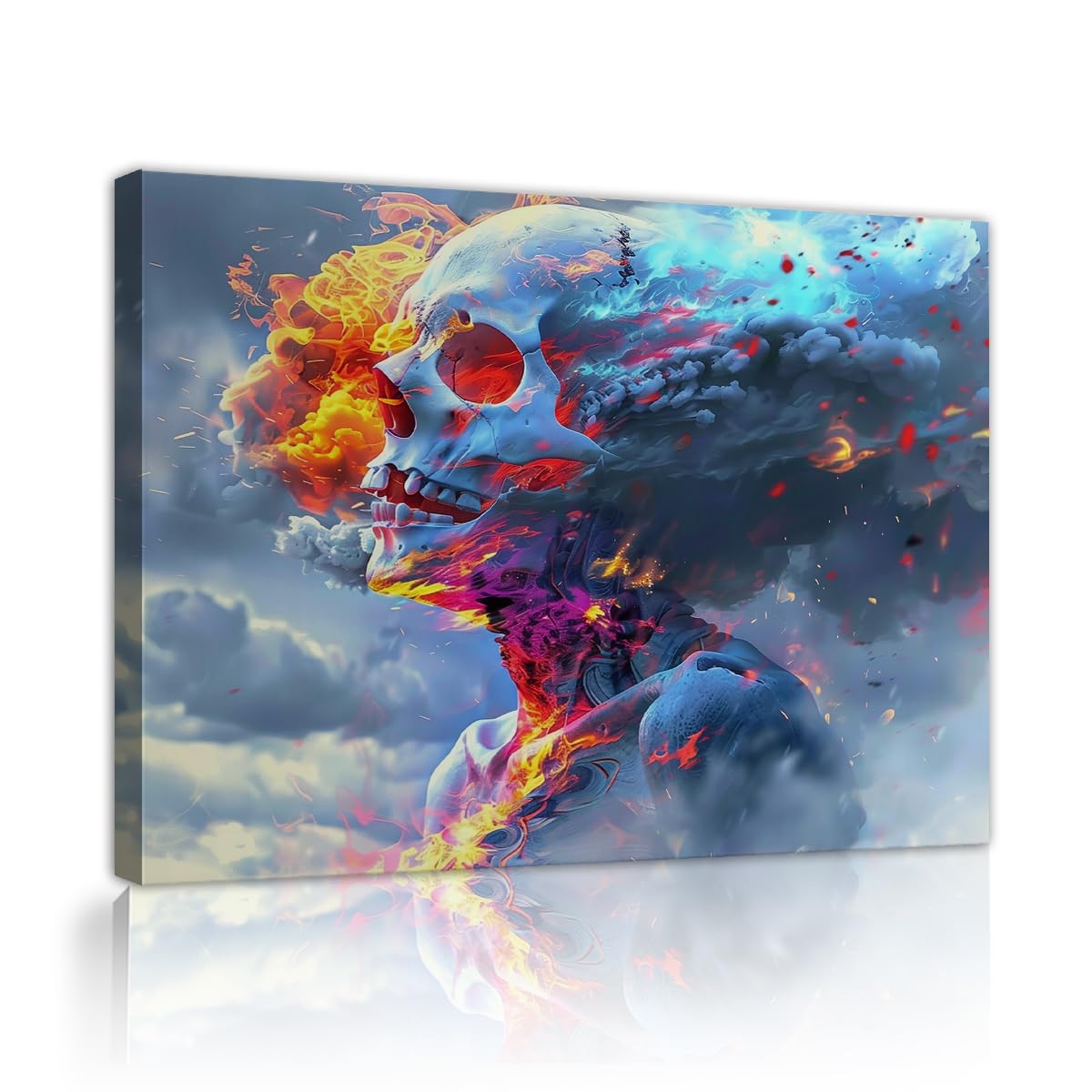 YUNART Gothic Skull Canvas Wall Art Burning Skeleton Trippy Aesthetic Wall Decor for Living Room Bedroom Cloud Skeleton Poster for Game Room 80x105cm Innerframe