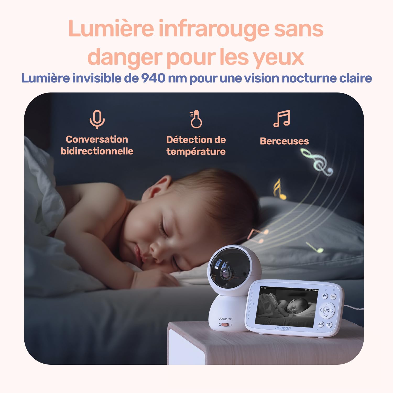 Babyphone Caméra Bébé, 4" IPS Écran, 1080P, 360 Degrés, Vision Nocturne, Communication bidirectionnelle, Température, VOX, 300m Longue Portée Babyphone Connecté Smartphone