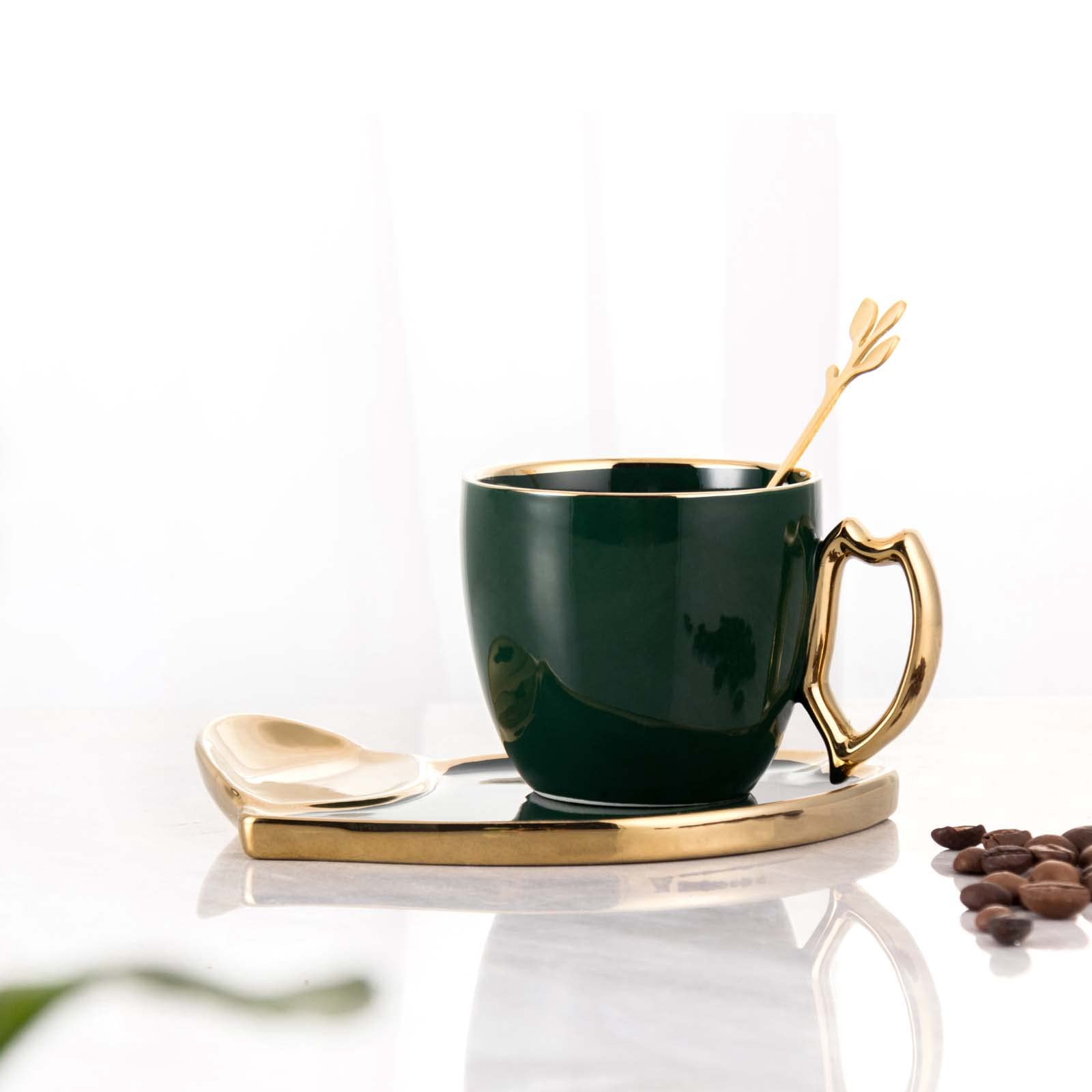 Ensemble de 2 tasses en porcelaine avec anse en forme de feuille, tasse à expresso avec soucoupes et cuillère – 165 ml/5,58 oz