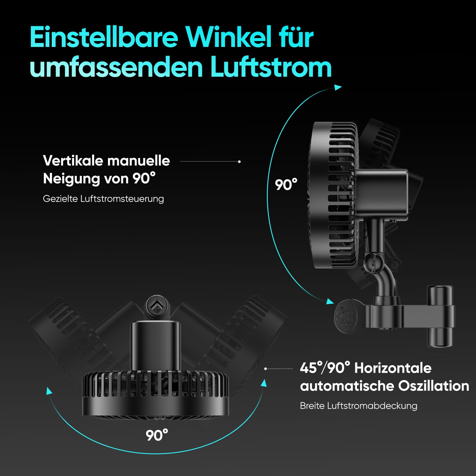 Ventilatore a 4 livelli da 10 W con clip: oscillazione automatica a 45° e inclinazione a 90°, 2200 giri/min, max 32DBA silenziosa con clip per Growbox con durata di 50.000 ore, ventola di serraggio