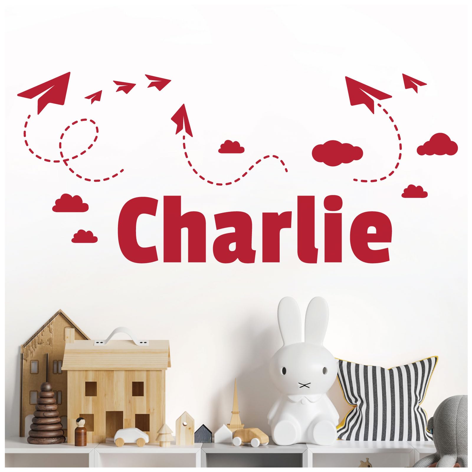 Personalised Name Children Wall Art Sticker - Sky, Paper Planes and Clouds [Large] [Cherry]