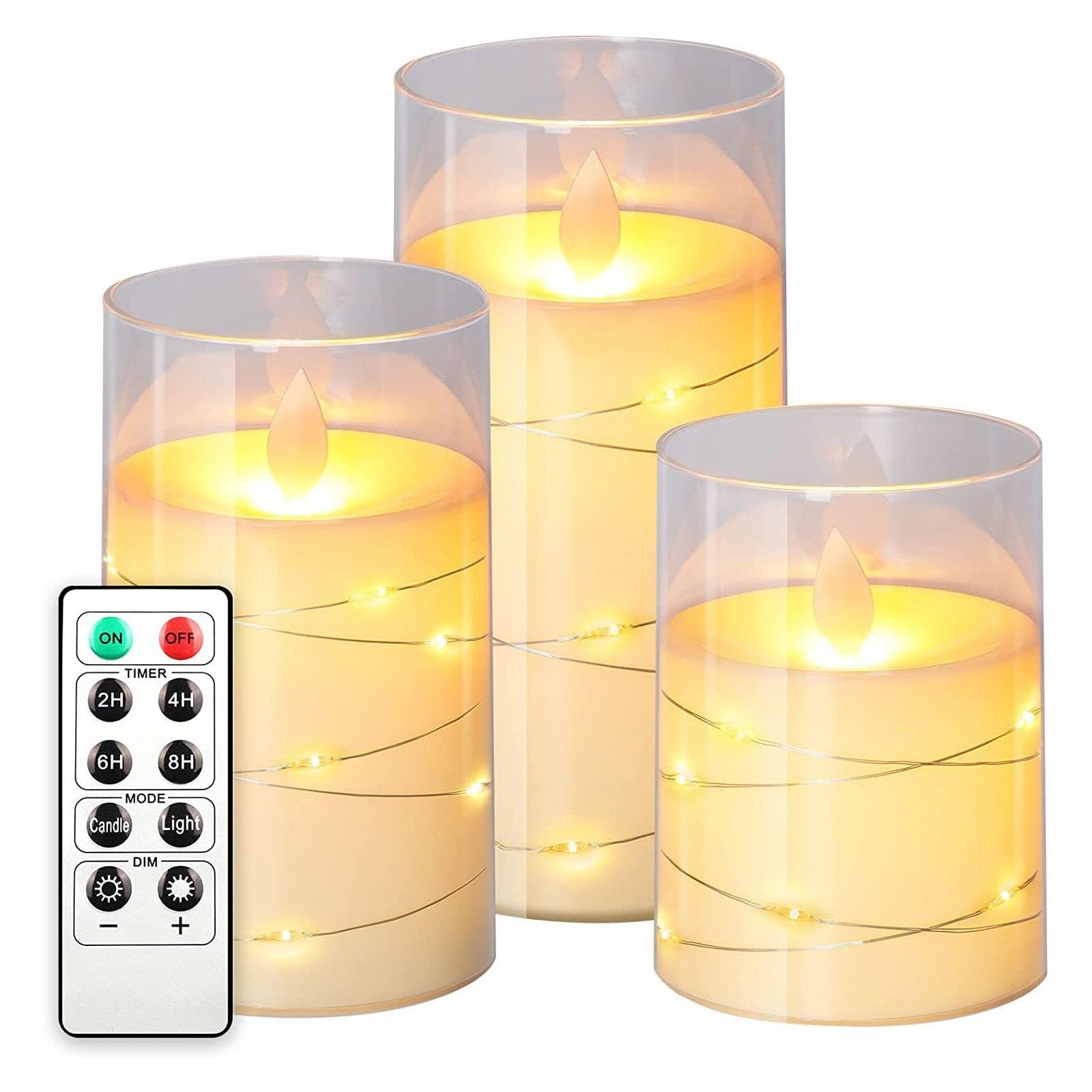 Candele senza fiamma Confezione da 3 lucine natalizie Candele LED, angolo di visione di 360 gradi, con luci stellate, con telecomando a 10 tasti e funzione timer, Fiamma danzante, Cera vera