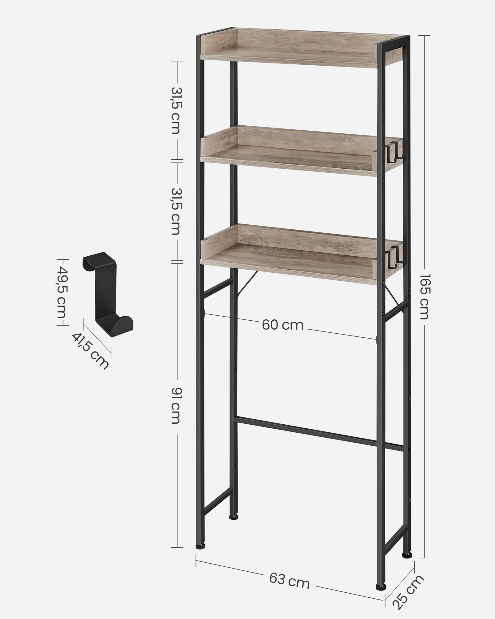 VASAGLE Scaffale sopra WC e Water con 3 Ripiani, Scaffale da Bagno Salvaspazio, Montaggio Facile, Portaoggetti per Gabinetto Lavatrice, Stile Industriale, Greige e Nero BTS002B02