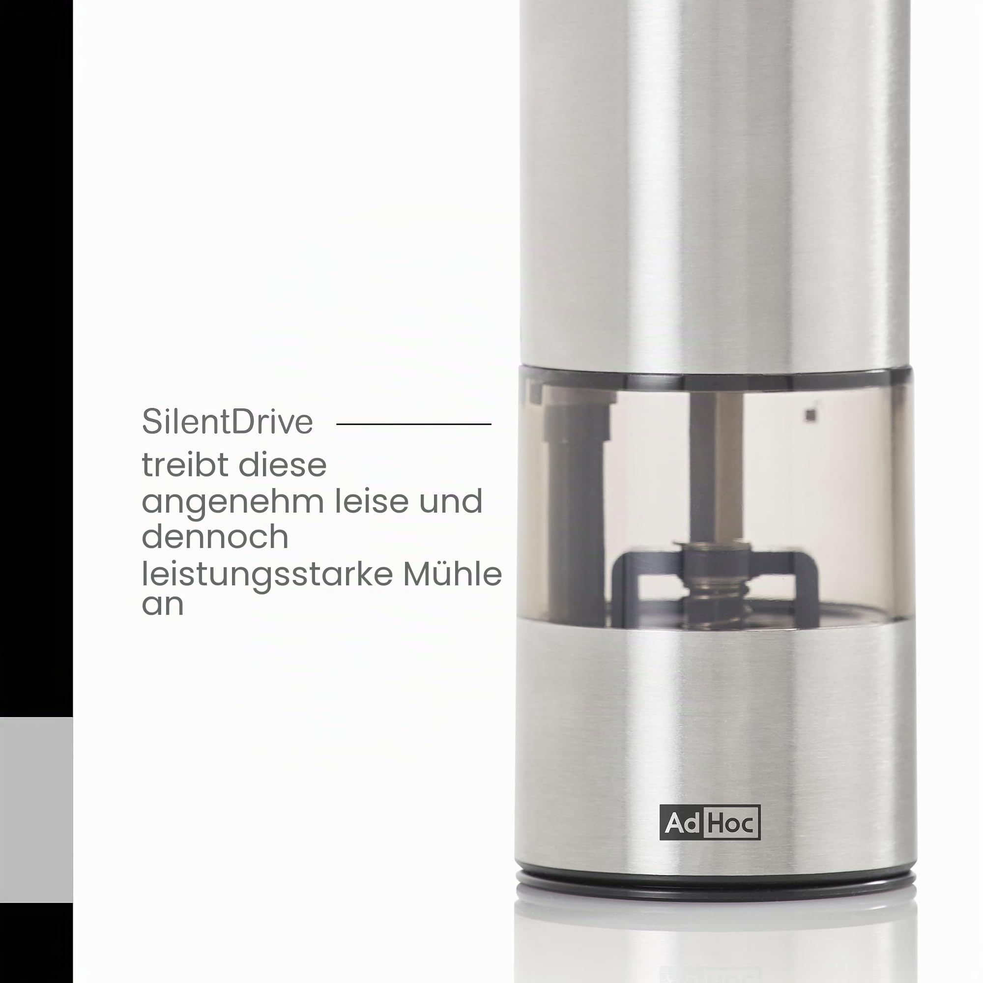 AdHoc EP102 Elektrische Pfeffer- / Salzmühle i.Mill, CeraCut® Ceramic Mahlwerk, inkl. Lithium Akku, Edelstahl/Acryl