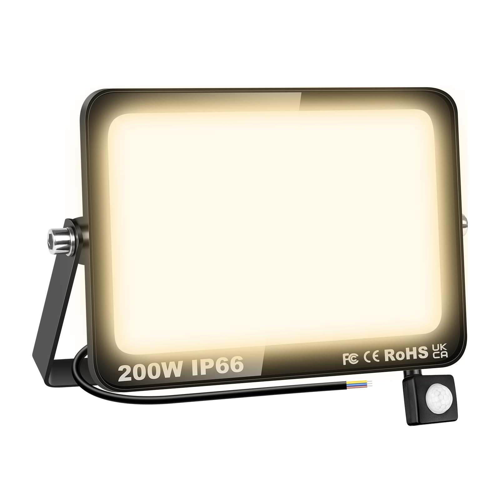 RIGIDON Led Strahler mit Bewegungsmelder Außen, 200W 20000LM 3000K Warmweiß | IP66 Wasserdicht Außenstrahler Scheinwerfer Fluter Flutlicht Aussenlampe für Garten Garage Innenhöfe Sportplatz, Ohne Stecker