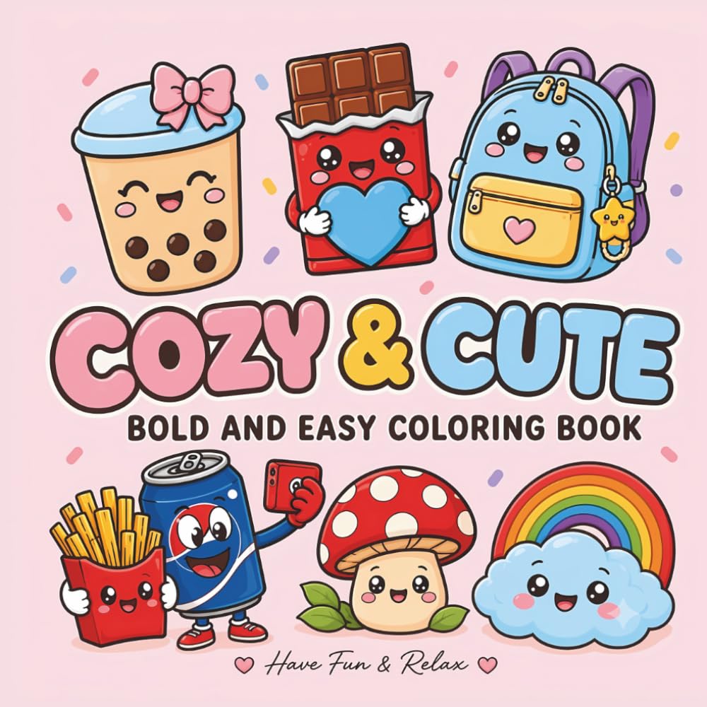 Cozy & Cute Bold and Easy Coloring Book: Simple and Easy Kawaii Coloring Pages of Everyday Objects, Sweet Treats, and Cute Things for Kids and Adults