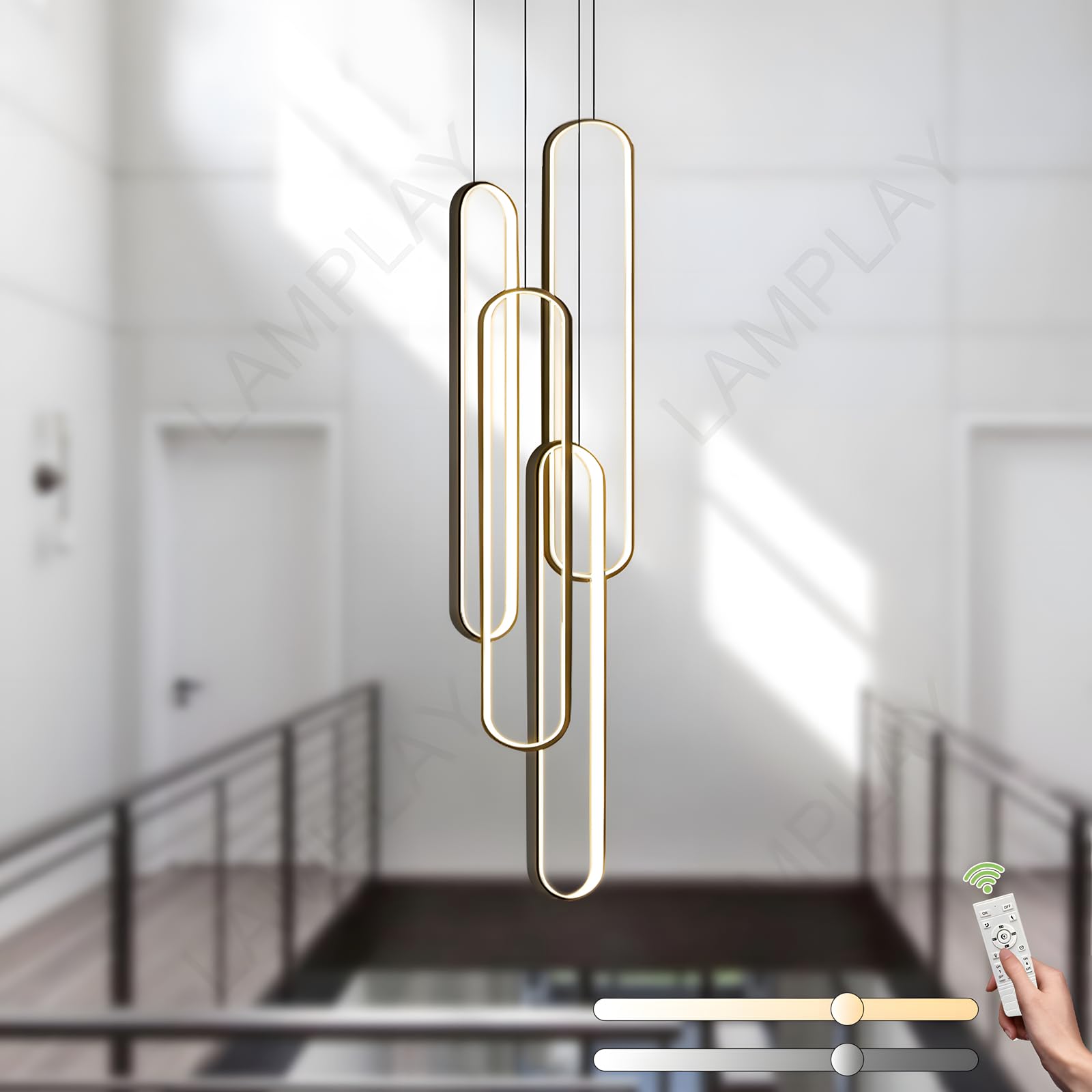 LAMPLAY High Ceiling Modern Chandelier, Black Height Adjustable Chandelier 4 Ring LED Foyer Chandelier Entrance Hallway Large Living Room Long Chandelier with Remote Control Dimmable 3000K-6000K
