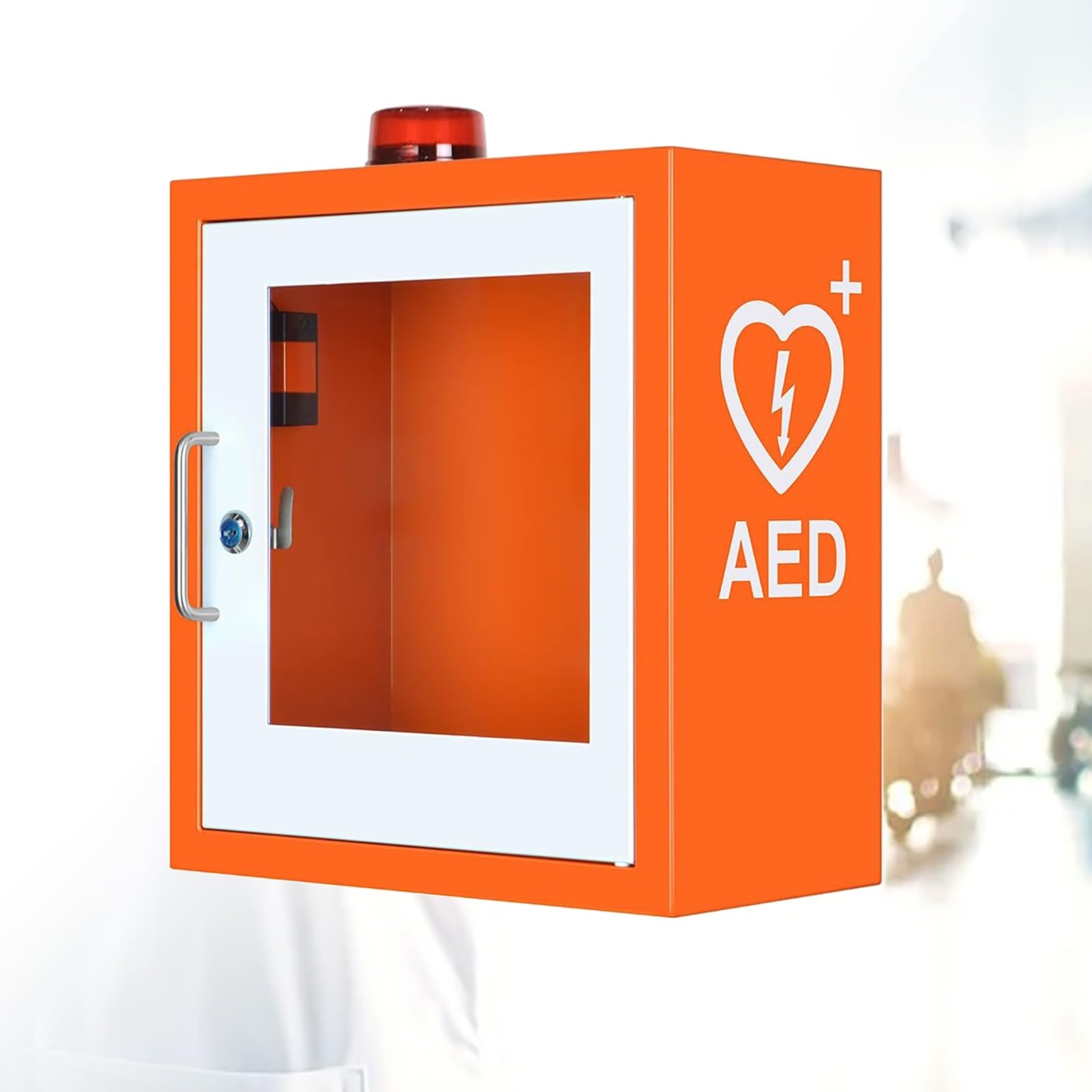 AED-Defibrillator-Aufbewahrungsschrank, AED-Schrank, Doppelschaltersteuerung, wandmontierte, sichtbare Defibrillationsalarmbox mit Alarmsystem, transparentem Fenster, abgerundetes Eckendesign