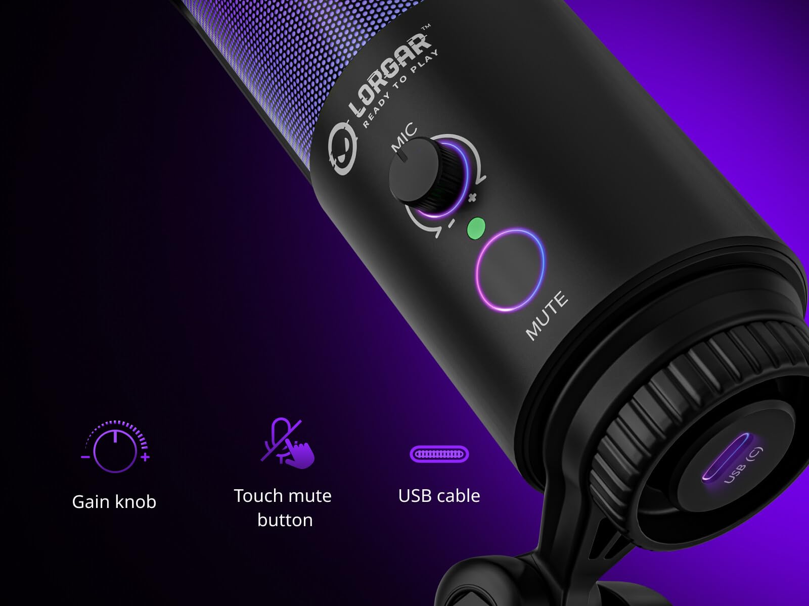 SMP40 RGB mikrofon gamingowy z bezprzewodowym przyciskiem wyciszania, mikrofon USB ze wzorem kardioidalnym, metalowy stojak, Plug & Play, do komputerów PC, Mac, Android i PlayStation, czarny