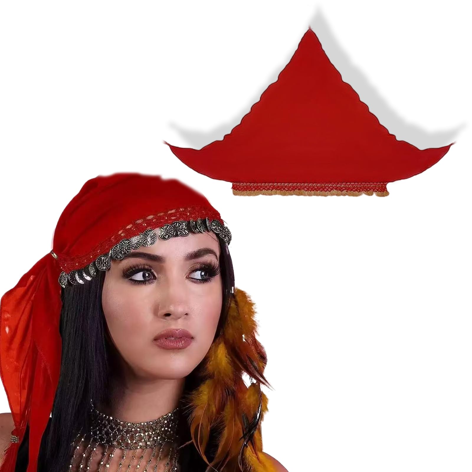 Targonix Women's Red Gypsy Head Scarf With Gold Coins, Fortune Teller Costume Headwear For Chiffon Belly Dance Hair Wrap Accessory For Fancy Dress And Festival Events