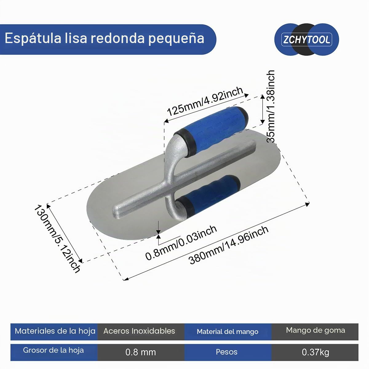 Llana alisadora totalmente redondeada de 300 x 125 mm, de acero inoxidable, para hormigón, interior y exterior, paleta ligera para piscina