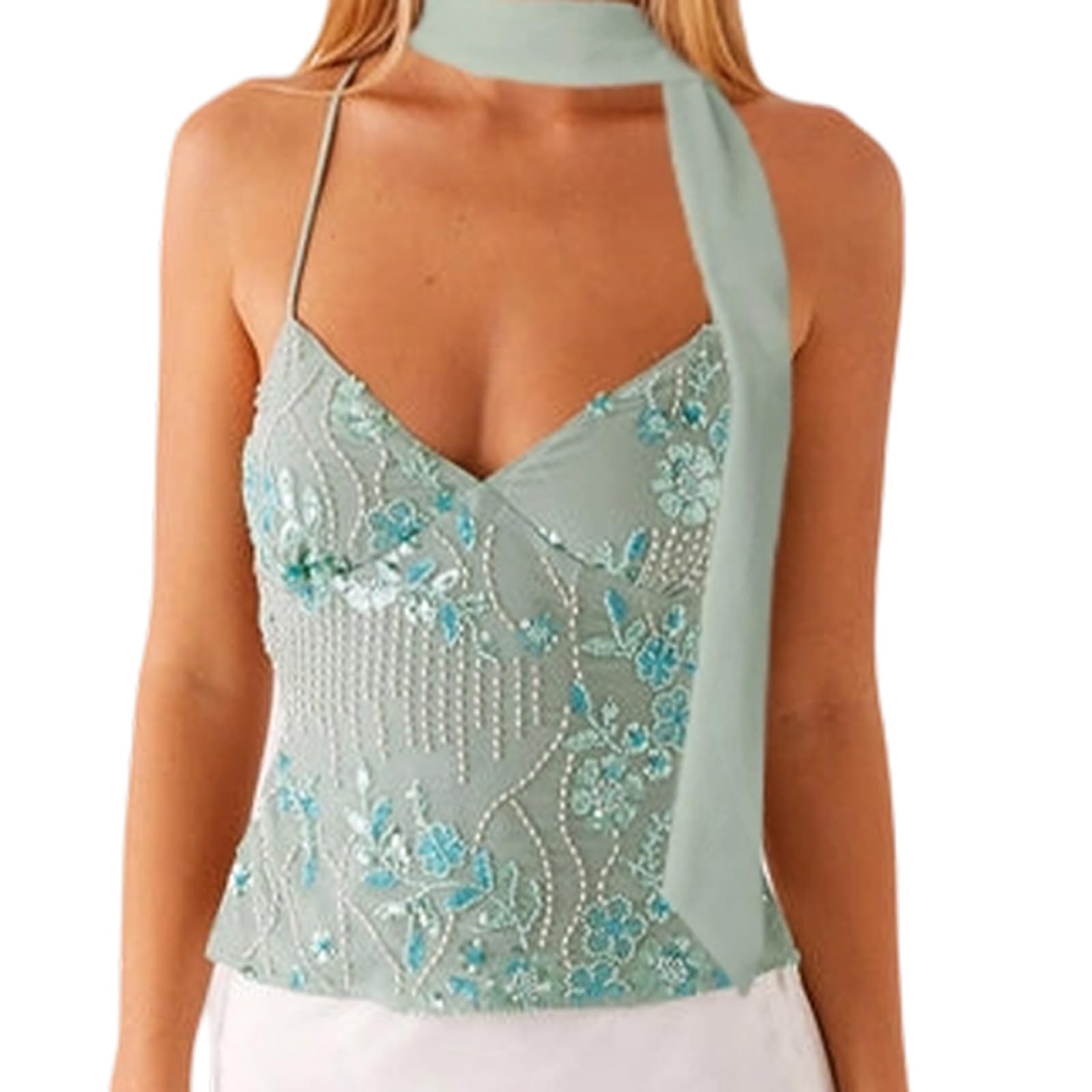 Women Sequin Beaded Cami Tops Sparkly Halter Neck Crop Tank Tops Rhinestone Embellished Cross Tie Backless Summer Vest Camisole (with Scarf-Green, L)