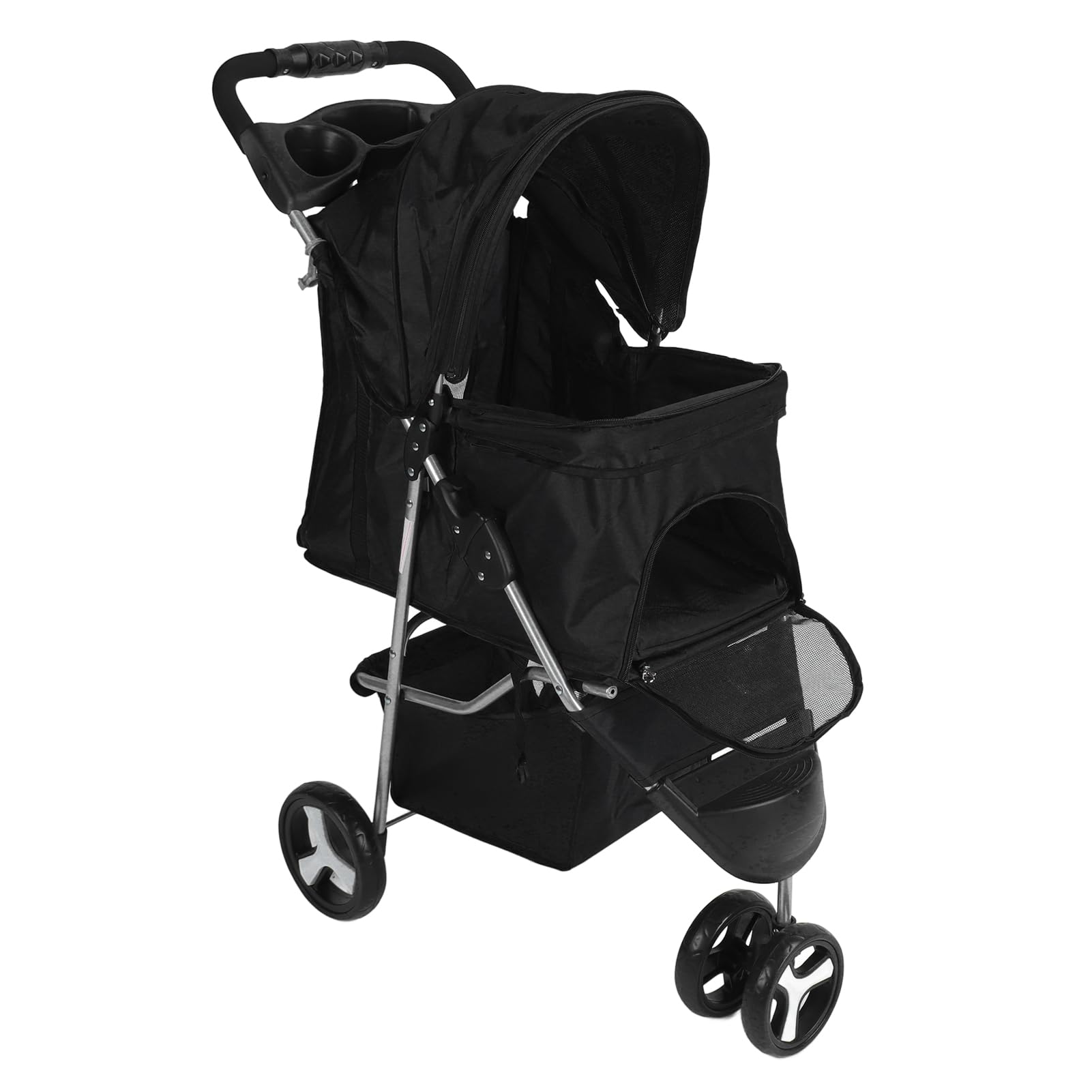 Pet Stroller, Breathable Visible Mesh Dog Cat Stroller, 3 Wheels Large Storage Cart Pet Stroller with 360° Rotating Wheels and Foldable Design, for Small or Elderly Pets (Black)