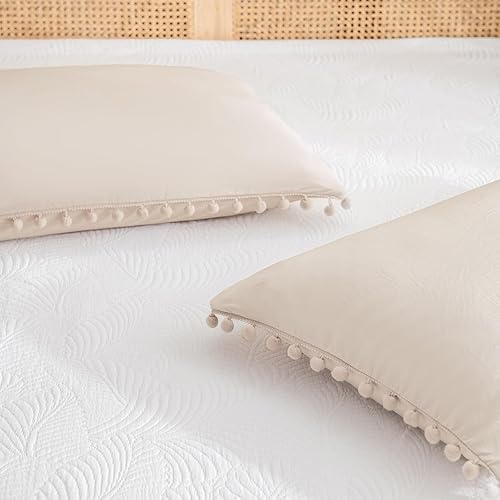 Miniatura 6 de Fundas de almohada de color beige, fundas de almohada bohemias, fundas de almohada con flecos de pompones, fundas de almohada de microfibra lavada