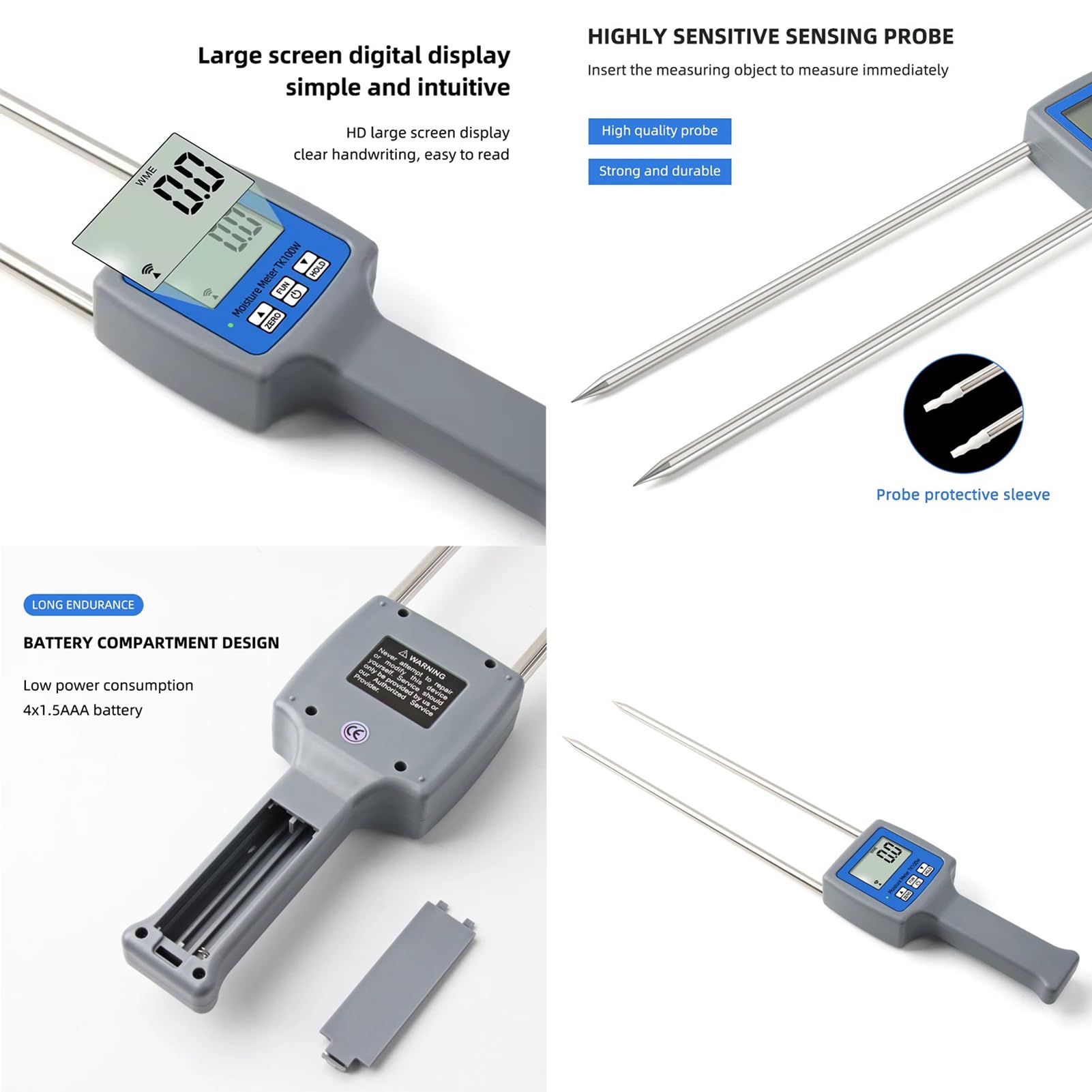 Medidor de humedad de madera con sonda de alta precisión, rango de medición 0-84%, ideal para paillasse, polvo de bambú, aserrín y polvo de madera