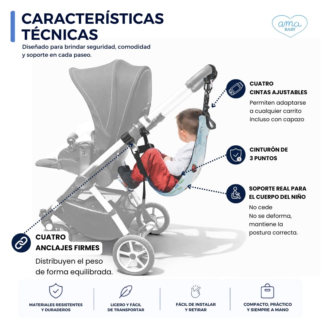 Hamaca Carro Bebé 2 en 1 - Asiento Extra Hermano Mayor - La Solución para Dos Niños - Alternativa a Patinete - Niños 2 a 6 Años Max.20 kg - Fabricada En España - Incluye Pañalera multiusos | Un lugar donde descansar para el hermano mayor