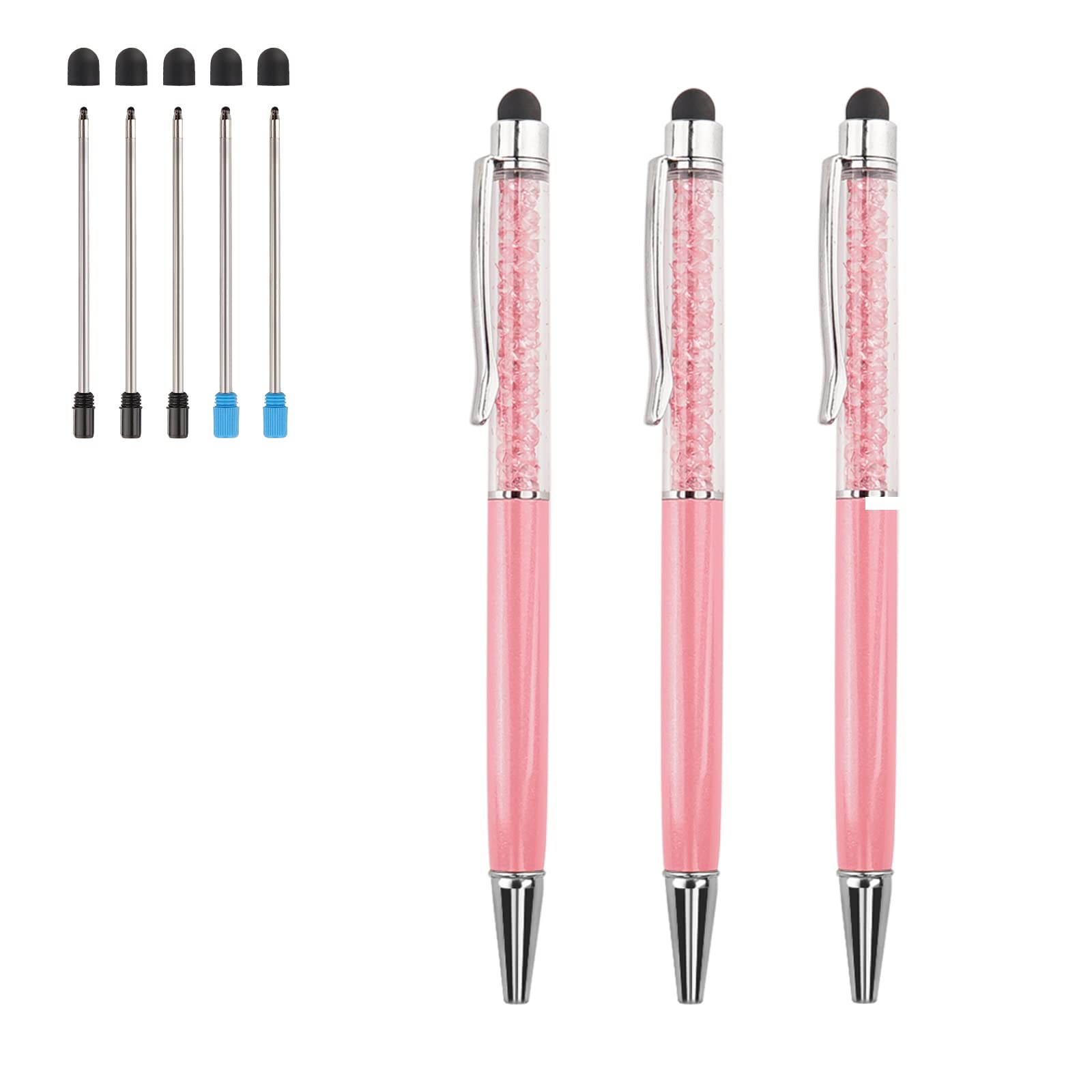 YOUMI 3Pcs 2 in 1 Bling Pens Crystal Diamond Pen Capacitive Touch Screen Stylus with Replacement Refills Ink Black Blue Rubber Tips for iPhone iPad Kindle Pink Touch Screen Devices-image-18