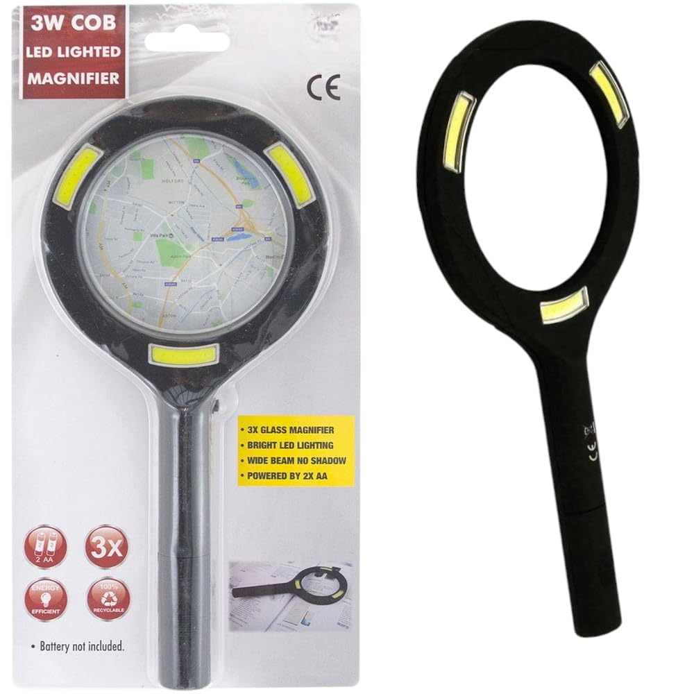 Homevibe Black 3W Cob Led Lighted Magnifier Glass – 31466C | Handheld Illuminated Magnifying Glass With Bright Led Light For Reading, Crafts, Jewellery, Hobbies, Maps & Low Vision Assistance