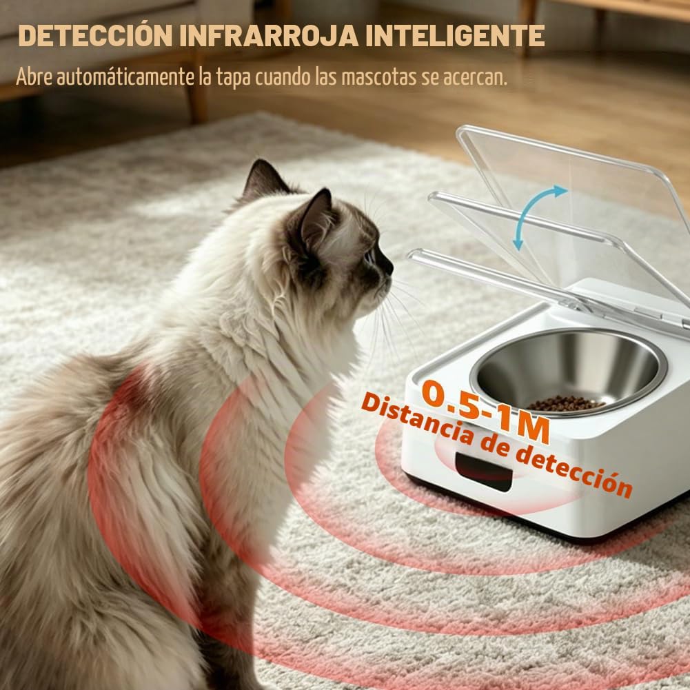 Comedero automático para gatos, comedero automático para gatos, comida húmeda con tapa abatible, dispensador de comida para alimentos húmedos y secos, comedero automático para perros pequeños y gatos