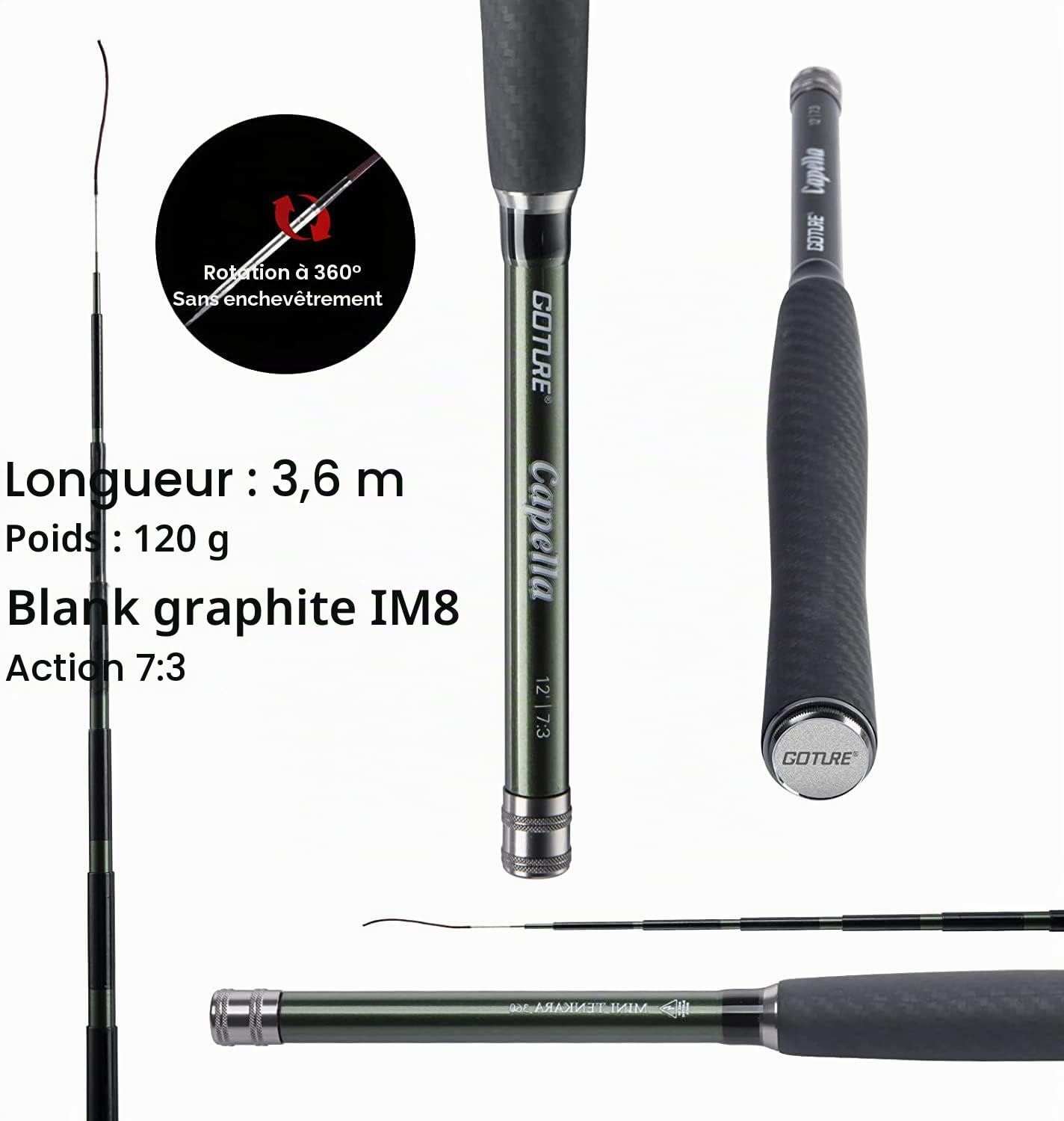 Goture Kit de pêche Tenkara 30T en Fibre de Carbone Portable 3,6 m