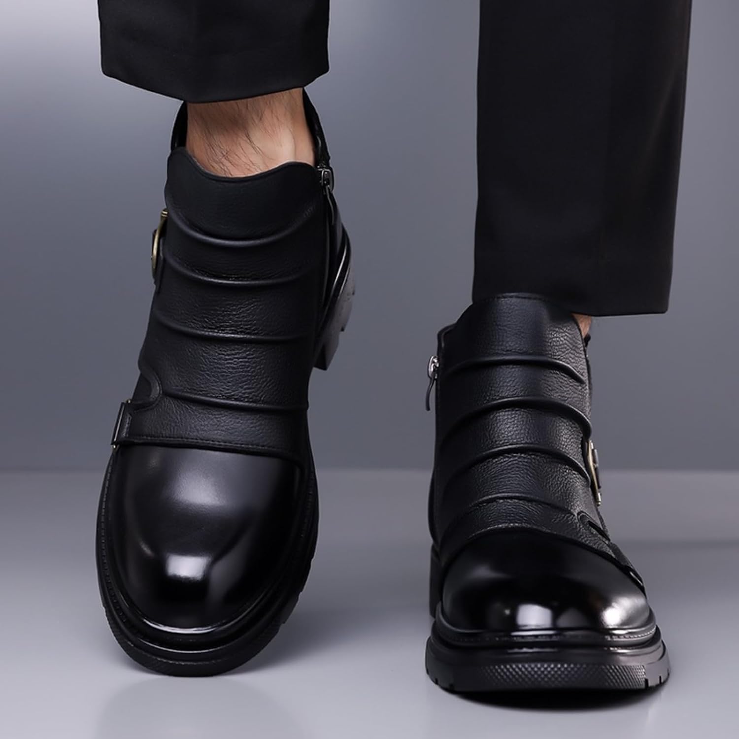 Men's Leather Western Boots Side Zipper Classic Round Toe Block Heel With Buckle Decoration Comfortable Casual Ankle Boots For Daily Walking Activities Party Office Driving