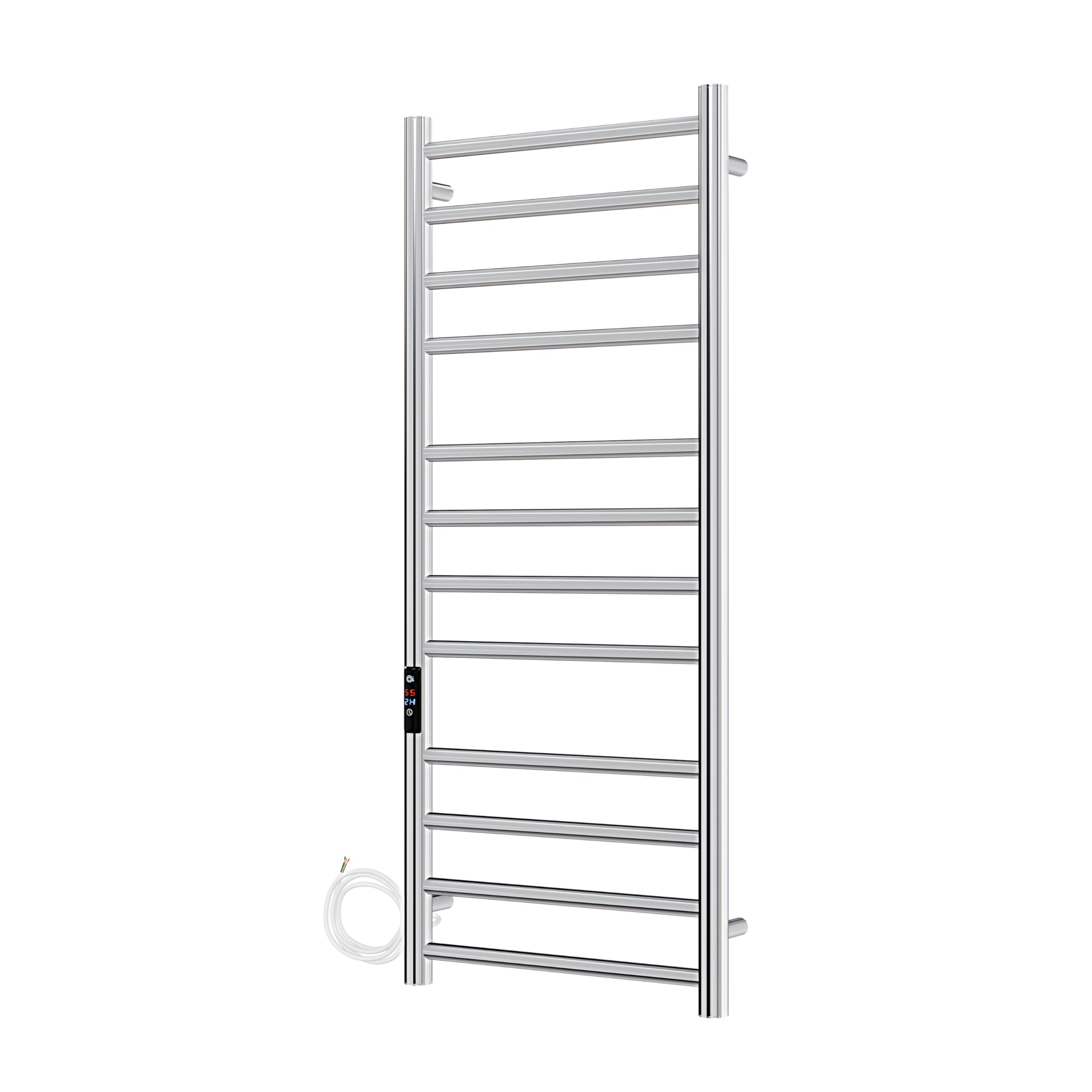 AQUAWORLD Wall-Mounted Heated Towel Rail โ 304 Stainless Steel Electric Towel Warmer with Built-in Timer, Hardwired Bathroom Towel Heater, Polished Chrome Finish, 1200 x 500 mm