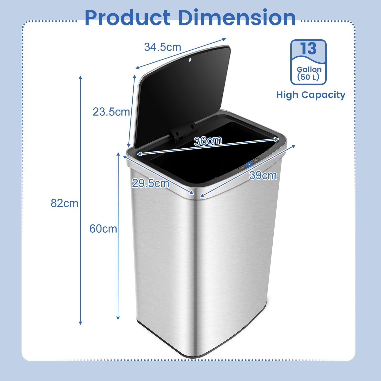GIANTEX Mülleimer mit Sensor 50 L, Abfalleimer Automatisch Sensor, Müllbehälter mit sanft schließendem Deckel, Küchenmülleimer aus Edelstahl, Küchenabfalleimer Treteimer für Küche Büro, 39x29,5x60 cm
