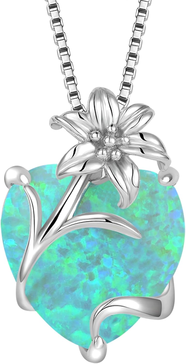 YL Heart Necklace for Women 925 Sterling Silver Lily Pendant Created Opal Flower Jewelry