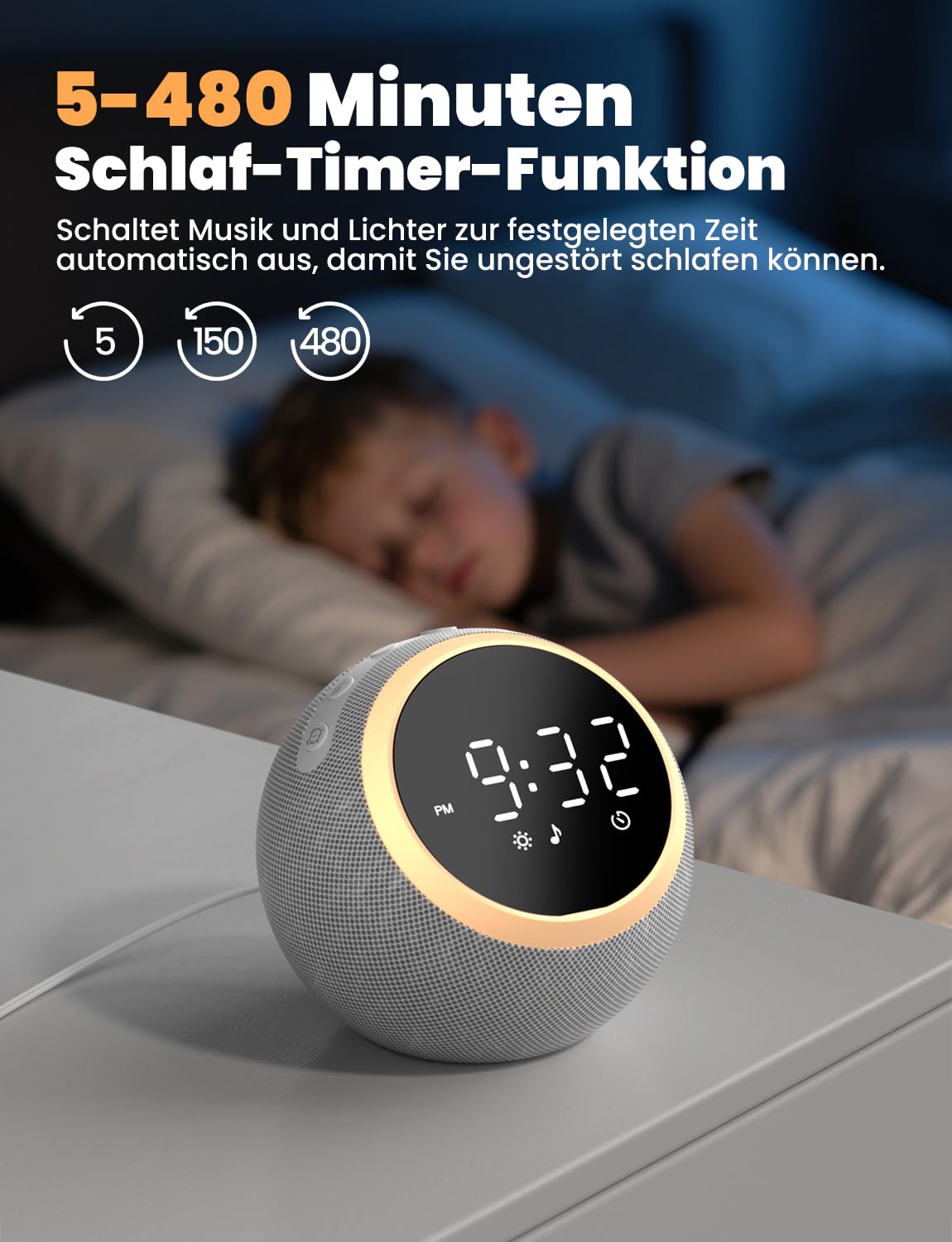 LIORQUE White Noise Machine mit Wecker, 25 beruhigende Schlafgeräusche, einstellbarer Bildschirm, Nachtlicht, ideal zum Entspannen für Kinder und Erwachsene im Büro oder zu Hause