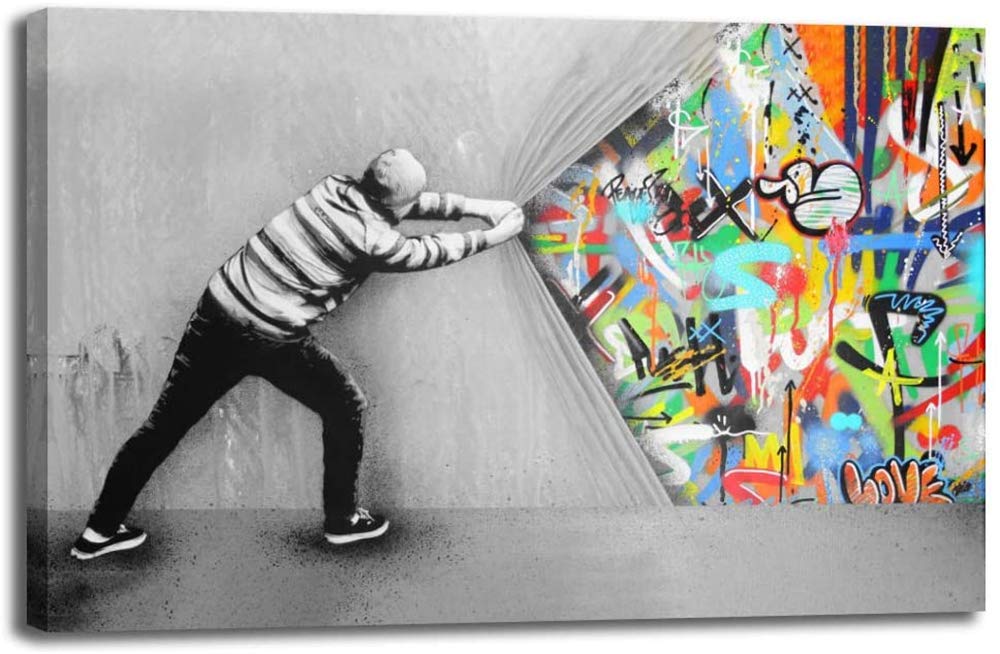 MJEDC Banksy Pictures Canvas Behind the Curtain Graffiti Street Art Canvas Picture Ready on Stretcher Frame Art Prints Living Room Wall Decoration XXL (70 x 100 cm)