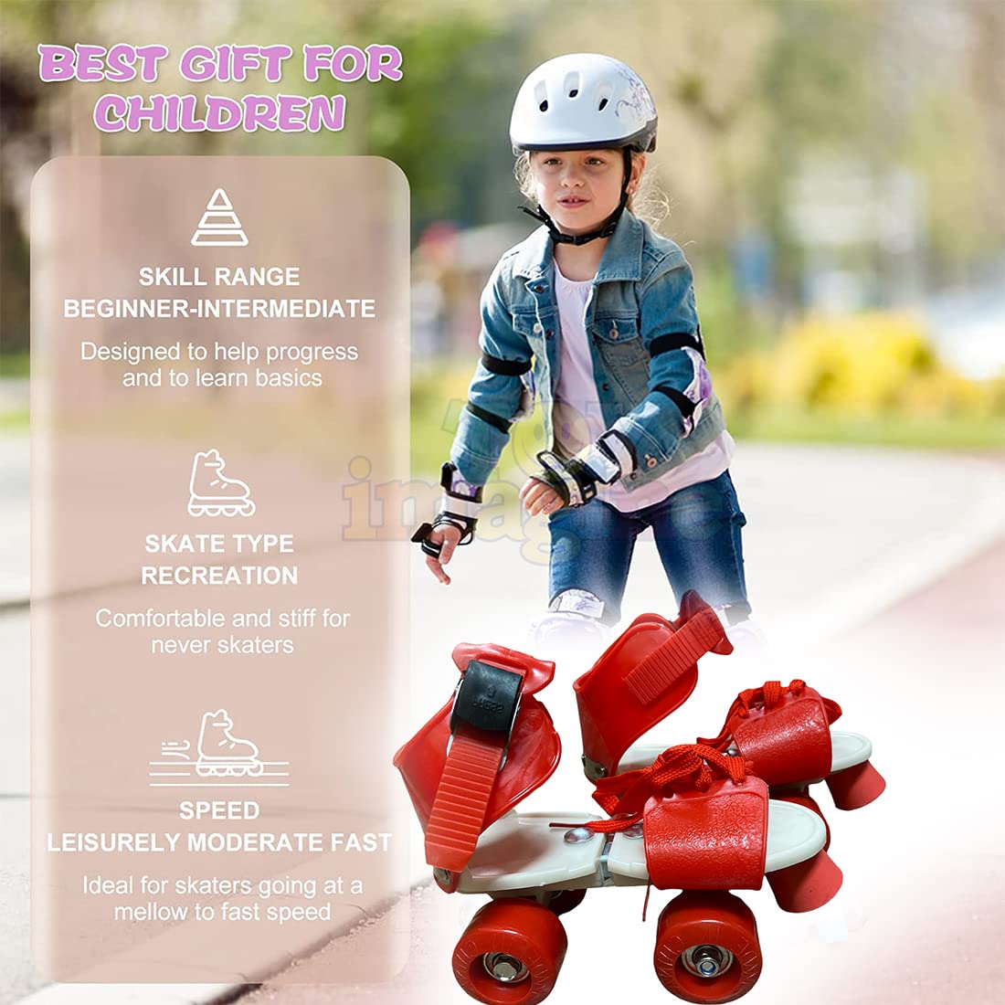 Toy Imagine® Red Beginner Roller Inline Skates for Kids | Adjustable Size Skating Shoes with Front Brake | 4 Pu Wheels | Skates for Boys & Girls Age 4-8 | Kids Roller Skates for School Sports - Image 5 thumbnail