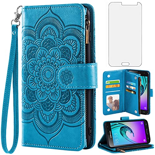 Asuwish Compatible with Samsung Galaxy J3 2016/J 3 V/J36V/Sky/Amp Prime Wallet Case and Tempered Glass Screen Protector Flip Card Holder Cell Phone Cover for Glaxay Sol J3V JV3 J36 6 J320V J320A Blue