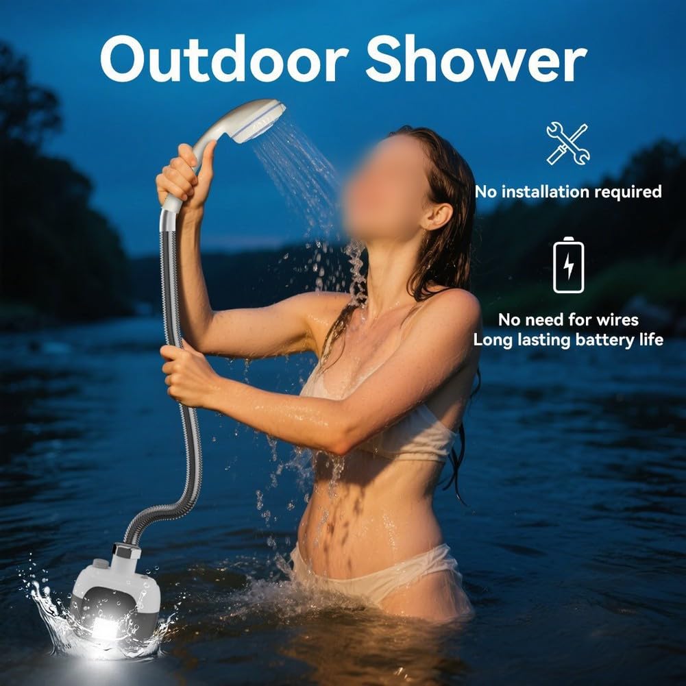 KiraKira Wiederaufladbare tragbare Campingdusche mit integriertem LED-Licht, wasserdichte elektrische Pumpe für Outdoor-Abenteuer, Hochdruck-Schwarz