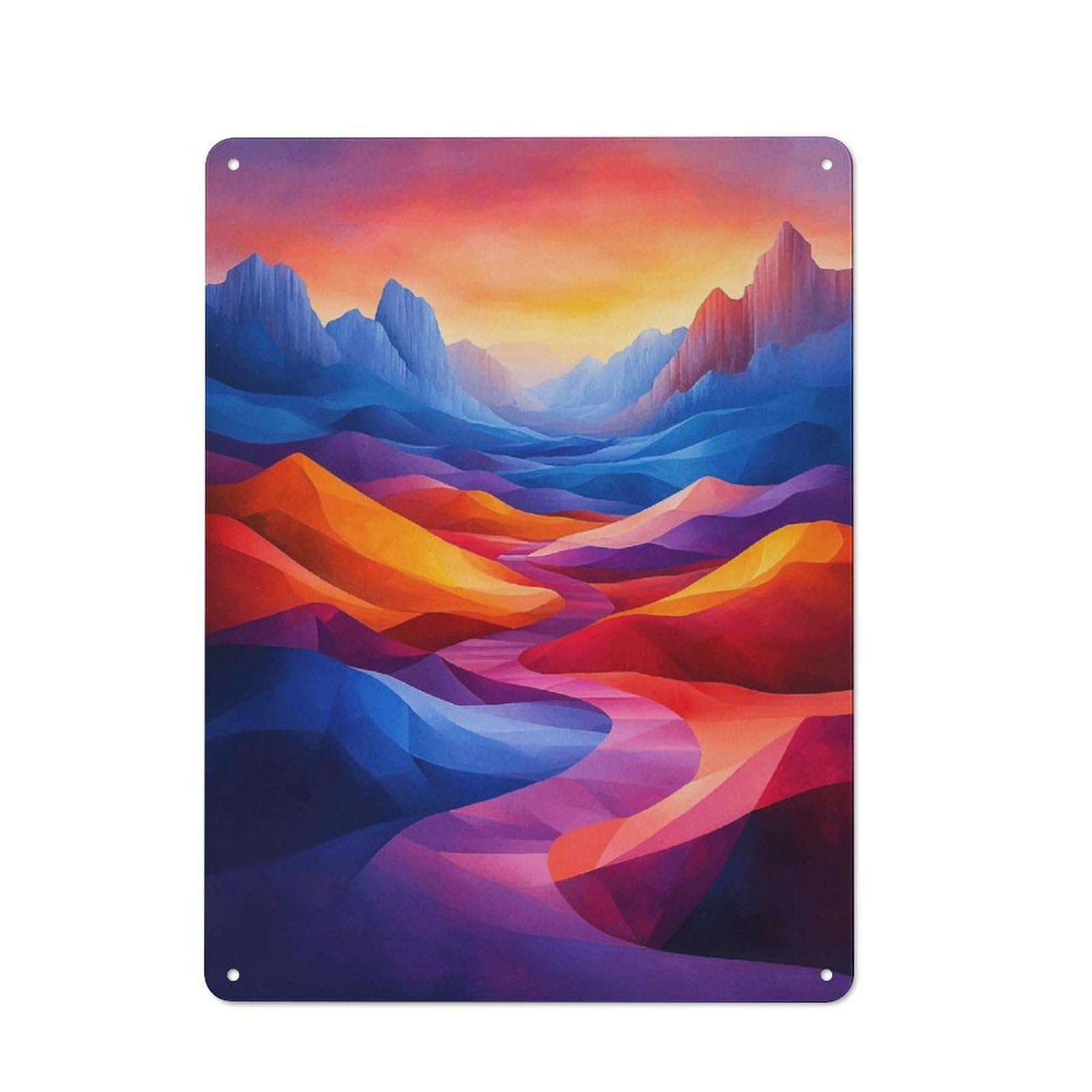 Junmoney Colorful Abstract Mountain Landscape Painting Workshop Style Metal Wall Decor 40X30cm, Tin Sign For Tool Room, Garage, Studio Or Home Bar