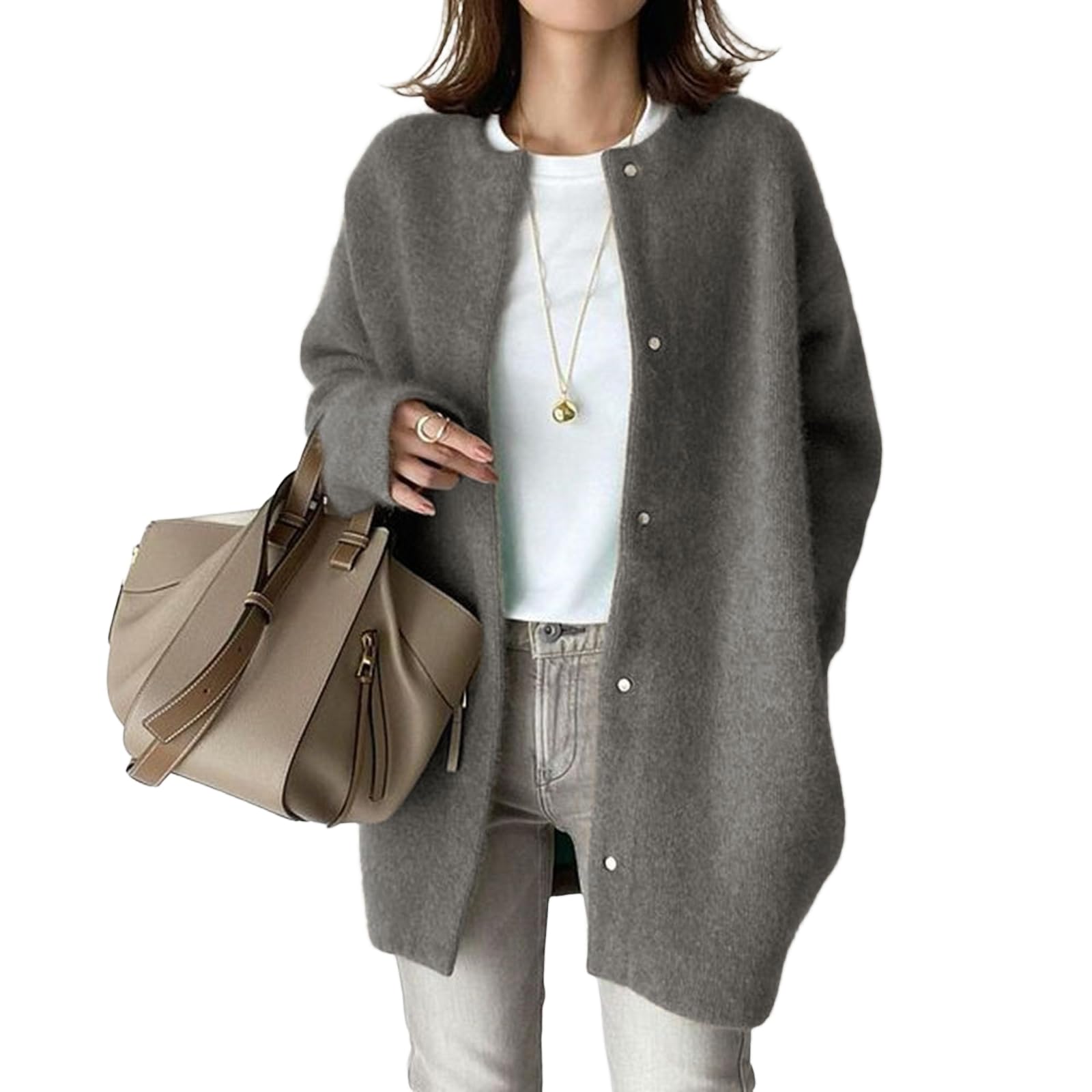 Strickjacke Damen Flauschig mit Knöpfen Long Cardigan Winter Feinstrick