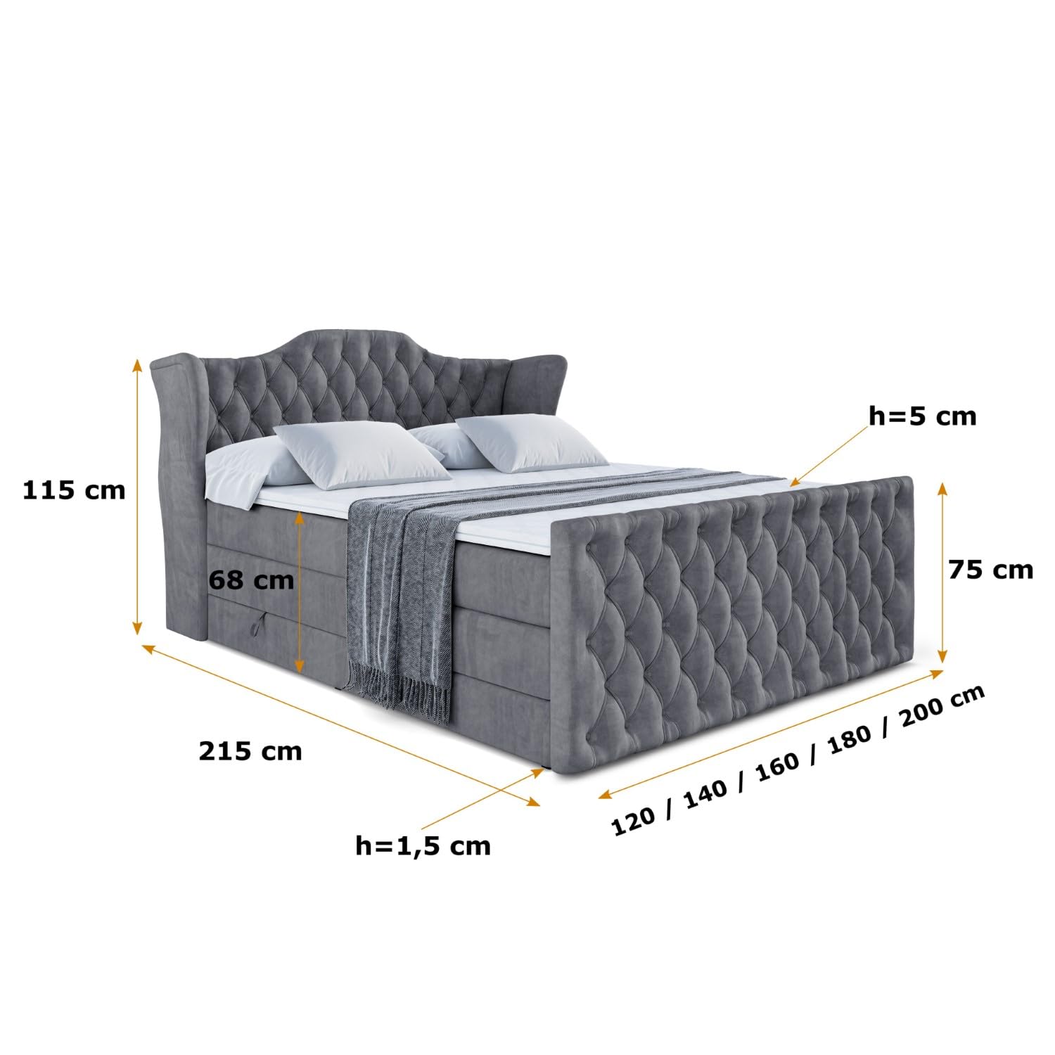 ALTDECOR Boxbett H3 H4 Matratze Vila-Z King - 140x200 - Dunkelgrau | Lattenrost, Topper, Boxspringbett mit Bettkasten, Bett mit Stauraum, Doppelbett, Polsterbett