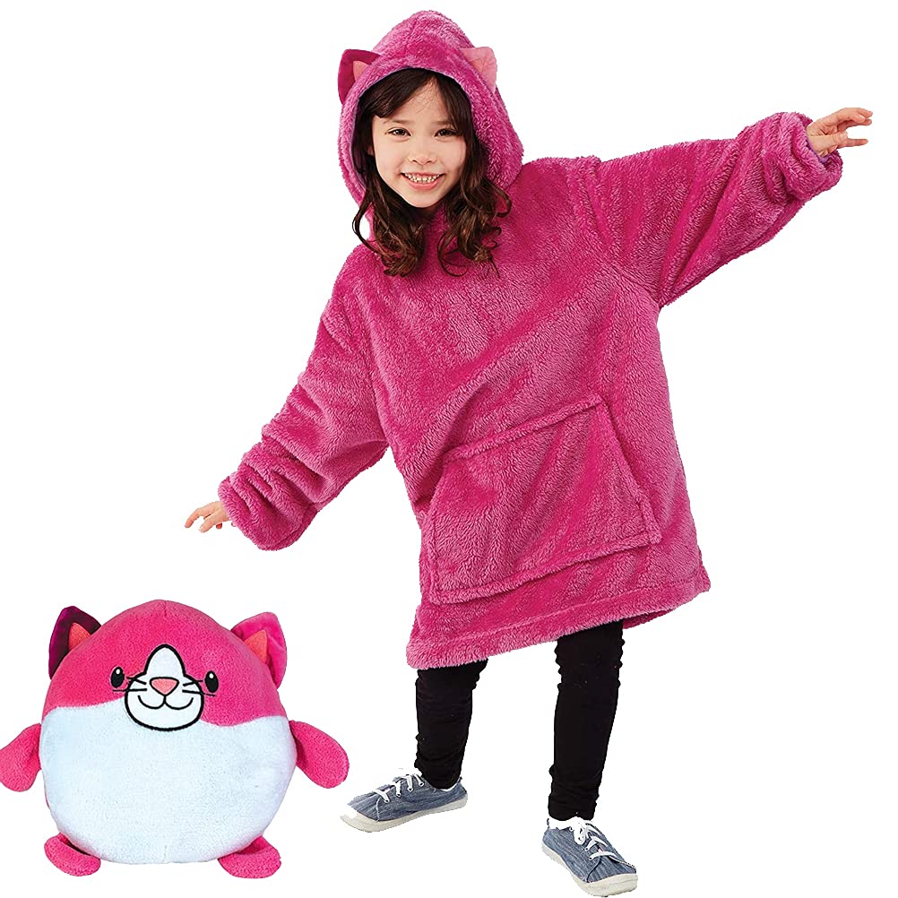 Child Blanket Sweatshirt Pets Hoodie Plush Animals Turn into Oversized Hooded Sweatshirt with Giant Pocket Pullover Jumper Bathrobe Pajama Pillow One Size Fits All Rose Pink