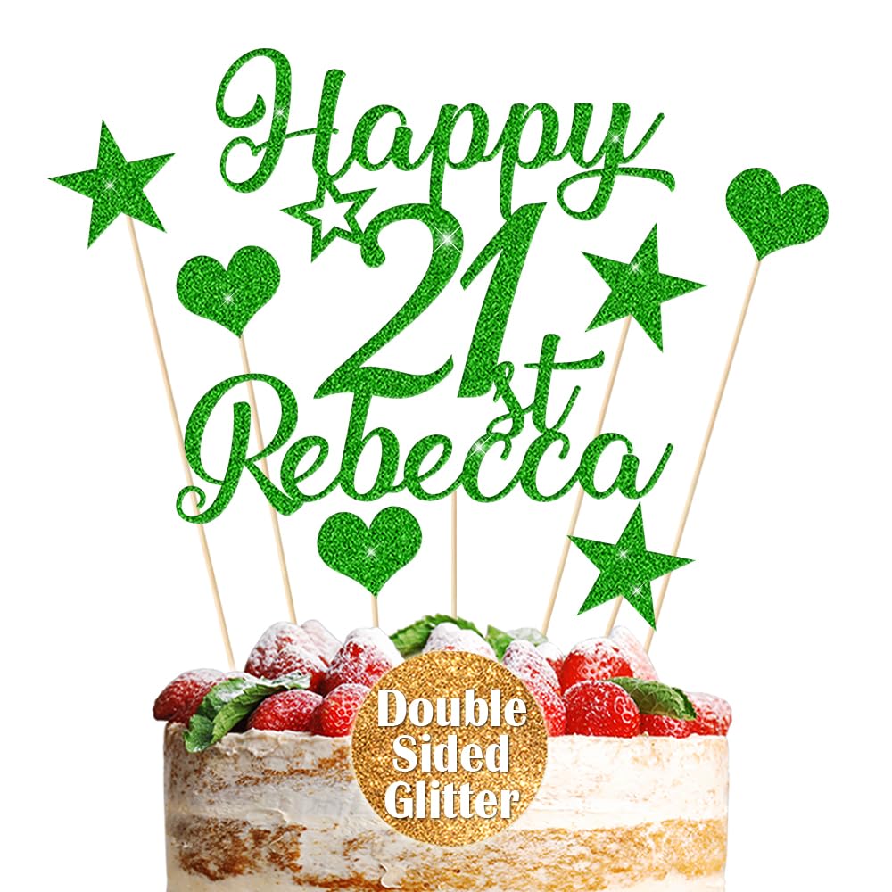 Personalised Cake Topper Custom Multicoloured Non-Shed Double Sided Glitter Cake Decoration Happy Birthday Cake Topper with Any Name Any Age 13th 21st 30th 50th (Green)