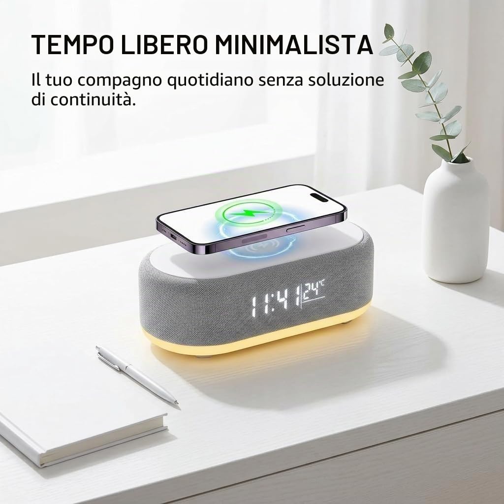 Sveglia caricatore a induzione 3 in 1, orologio digitale a LED, caricatore a induzione per iPhone e Android,Simulatore di alba, sveglia collegata con luce, doppio allarme, USB, design moderno