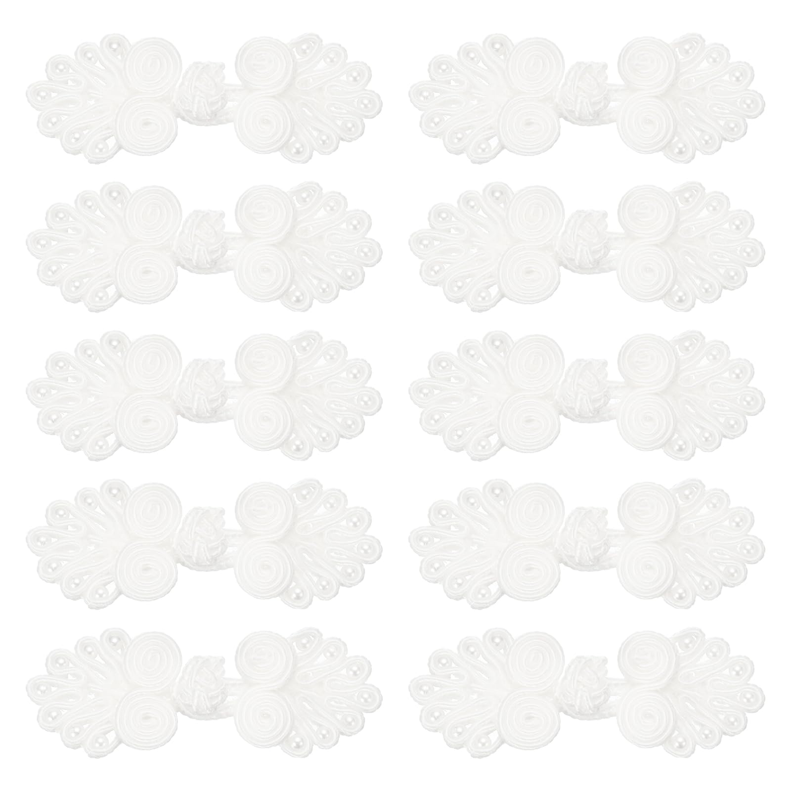 sourcing map 10 Pairs Chinese Knots Frog Buttons Closure White Sewing Buttons Fasteners with Beads for DIY Sewing Coats Cloak Sweater Bridal Costume Outfit,0.98x2.36 Inch