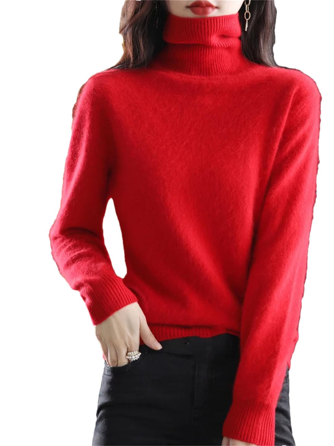 Damski sweter z golfem w jednolitym kolorze, wąski, miękki, ciepły, długi rękaw, Czerwony, XL