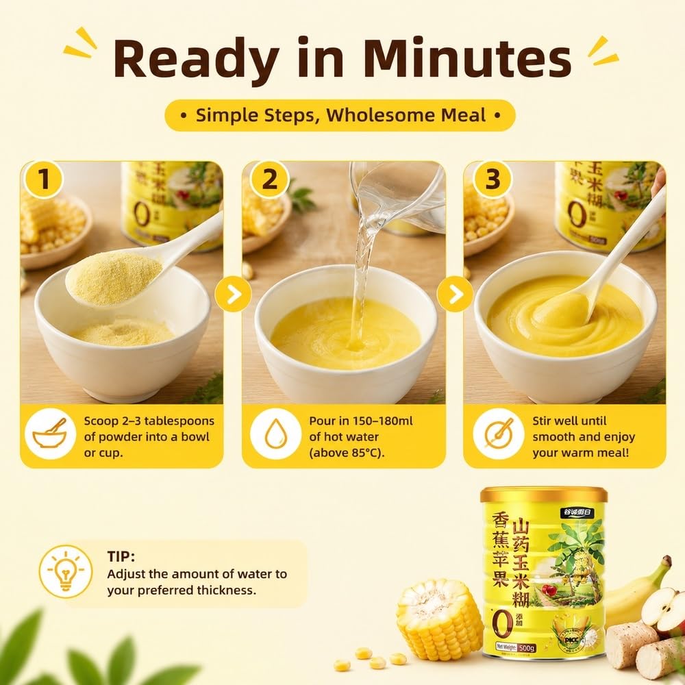 Polvere di mais istantanea con banane e mele, 500 g | Cereali caldi istantanei 30s con patate dolci, mais, banane, mele, pezzetti di vera frutta, 500 g.