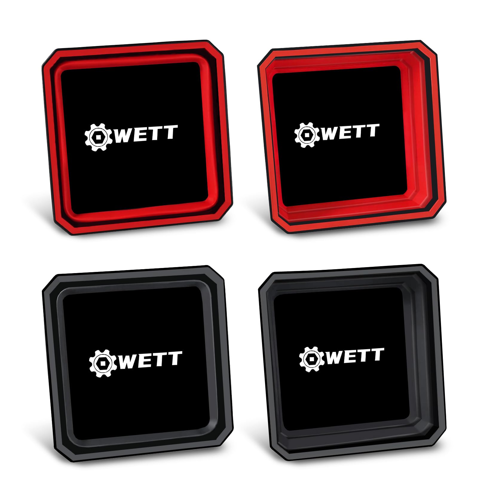 WETT Collapsible Magnetic Parts Tools Tray Set, 4-Pack Foldable 4.5” Square Silicone Bowls with Double Sided Magnetic Base, for Storing Bolts, Screws,