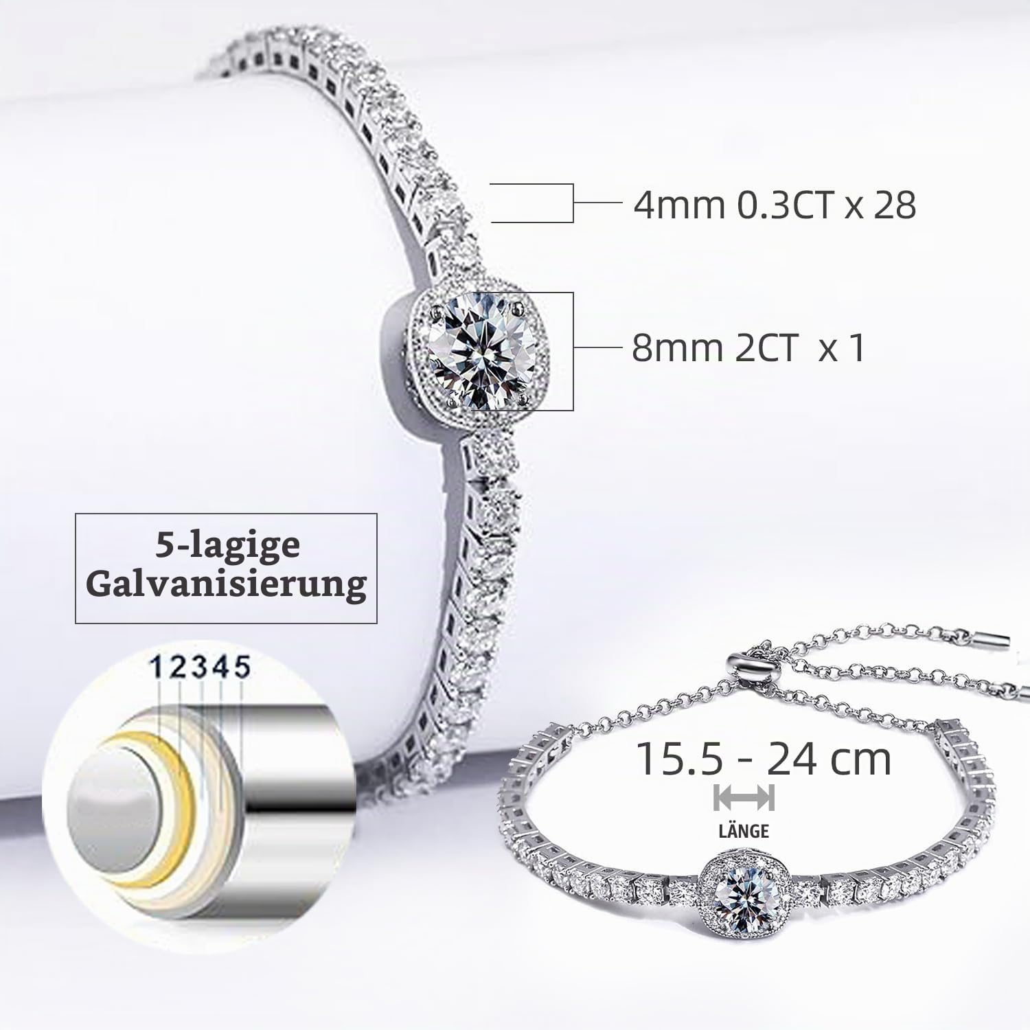 FEIKFEIZ Moissanit Tennisarmband, 2CT 8mm laborgezüchtete Moissanit-Diamanten, rhodiniert, verstellbares Damenarmband in Silber- und Platinfarbe, modisch, Schmuckgeschenk.