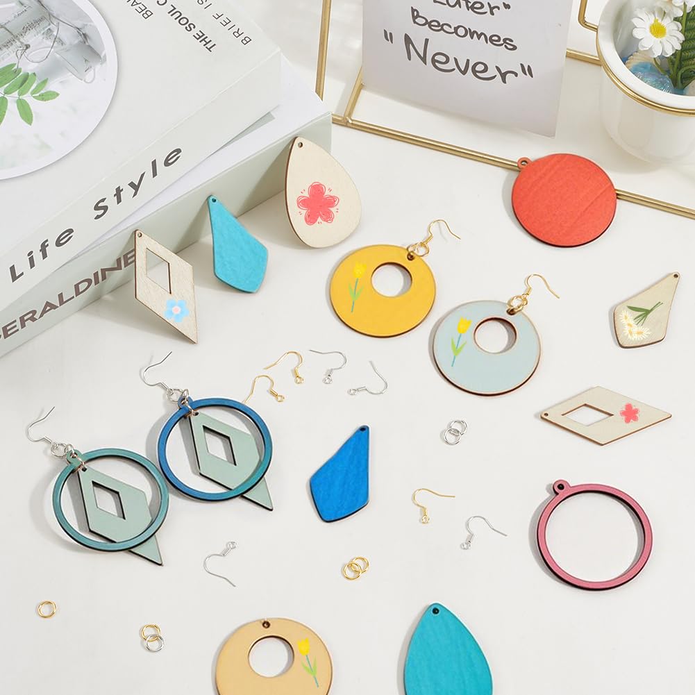 SOFPLATE 272Pcs 6 Shapes Wooden Dangle Earring Making Kit Unfinished Wood Earrings Large Teardrop Circle Kite Charms Dangle Pendants Cutout with Earwire Hooks Jump Rings for Jewellery Making Crafts - Image 3