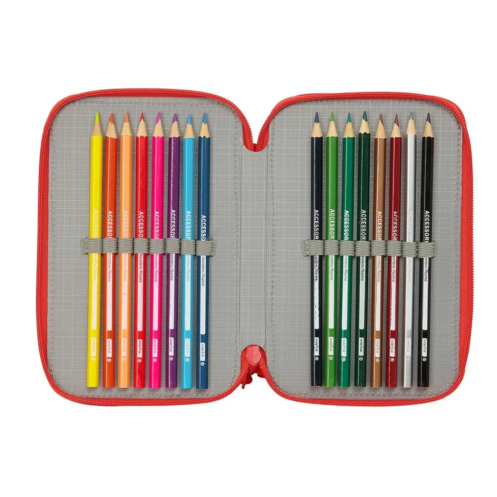 Safta Astuccio triplo Super Mario, 37 pezzi, astuccio scolastico con 3 scomparti e cerniere, include 16 matite colorate, dimensioni 12,5 x 5,5 x 19,5 cm, astuccio scolastico 3 scomparti