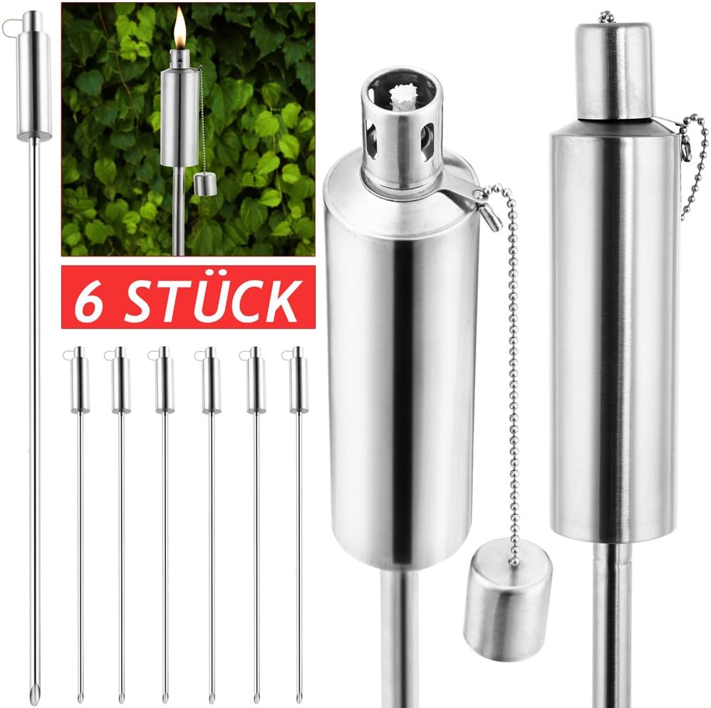 GARDEBRUK Ž Garden Torches for Outdoor Oil Set of 6 330 ml Stainless Steel Metal Weatherproof 115 cm Large Outdoor Oil Torches Wick Refillable Fire Torches Floor