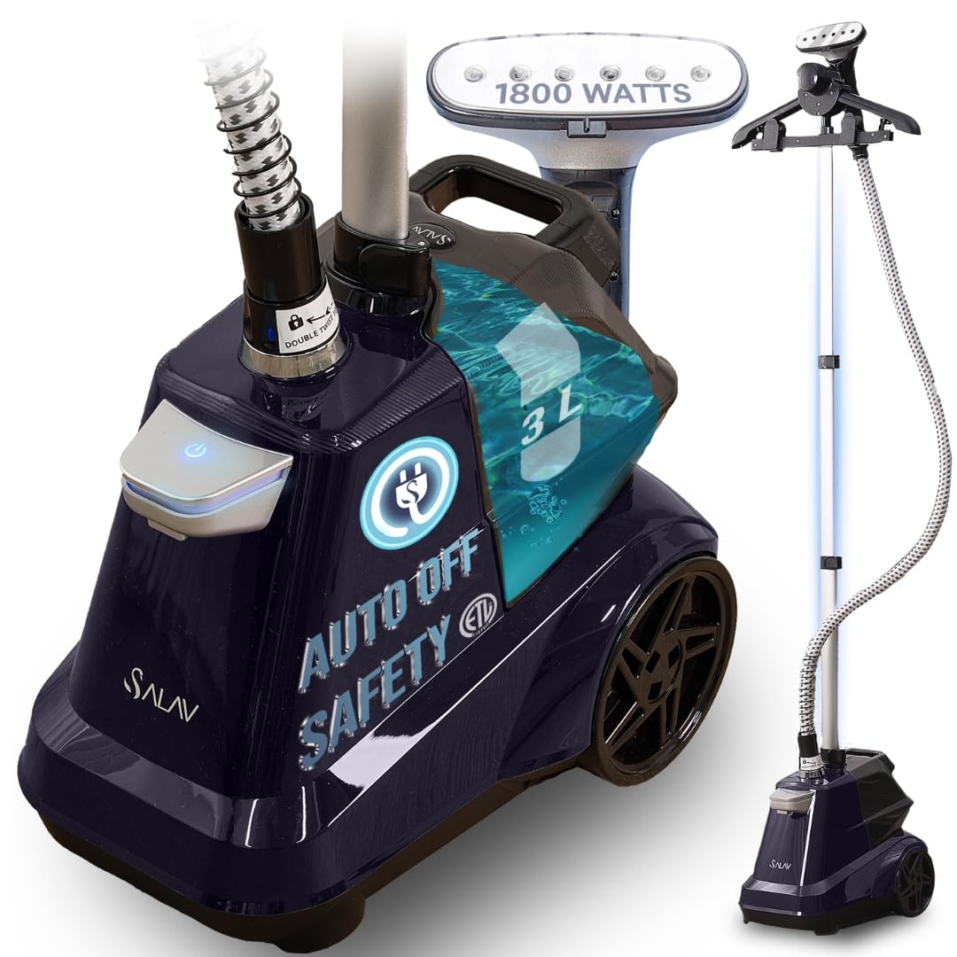 SALAV® Heavy Duty Smart Auto Shut-off Commercial Full-Size Garment Steamer, Beeping Alert when Water Runs out, Foot Pedal Control, XL 3L (101.5 oz) Tank, 1800 watts, 90+min of Continuous Steam, NavySALAV® Heavy Duty Smart Auto Shut-off Commercia…