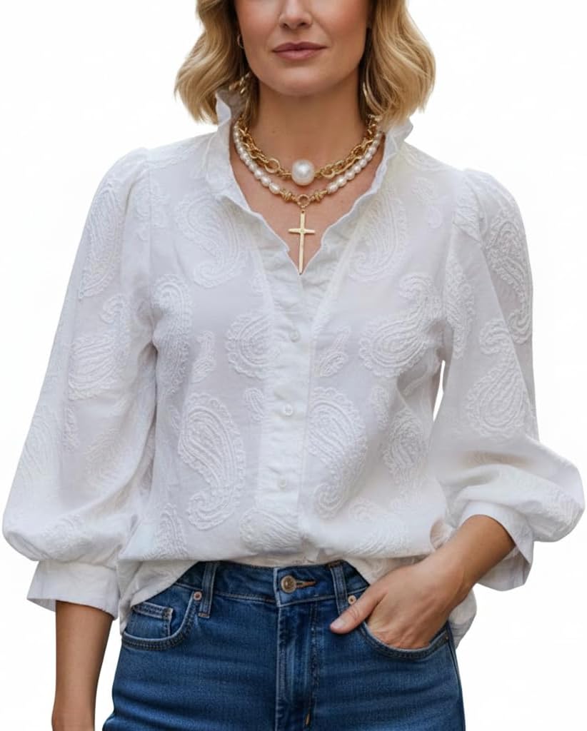 Women's White Textured Floral Embroidery Blouse Ruffled V-Neck 3/4 Puff Sleeve Button-Down Casual Tops
