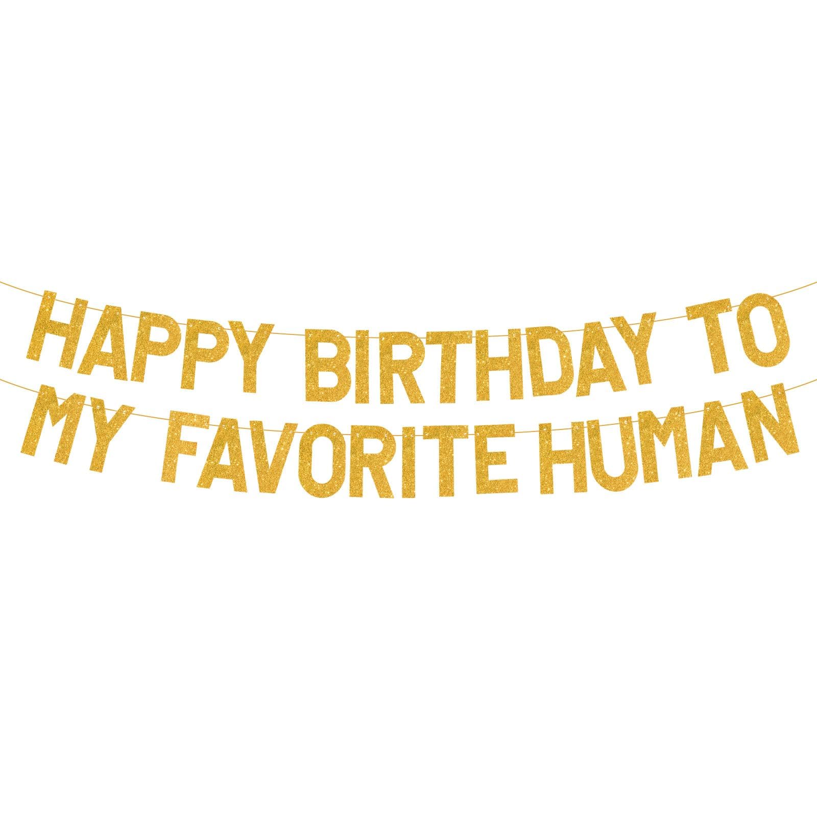 BLMHTWO Pre-Strung Happy Birthday to My Favorite Human Banner, Gold Glitter Happy Birthday Decorations Banner Sign Funny Party Supplies and Gifts for Men Women